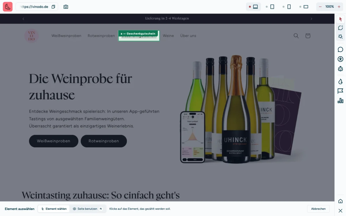 Screenshot of the sitebrunch extension on vinodo.de: The page is dimmed, the menu item “Geschenkgutschein” (gift voucher) is outlined in green and labeled “a, Geschenkgutschein”. At the bottom the bar “Pick an element” with “Pick element”, “Use page” and the hint “Click the element you want to count.”