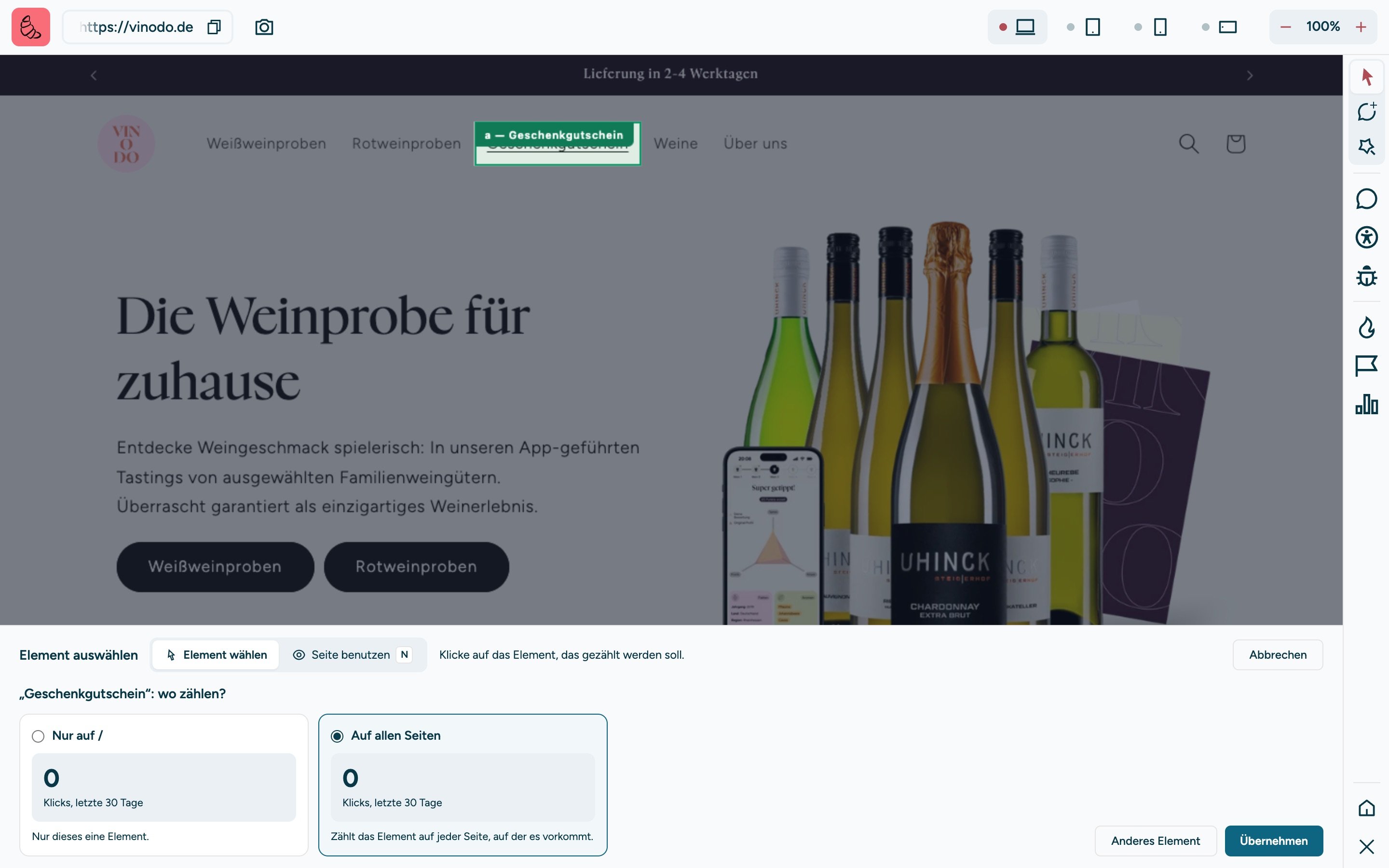Screenshot of the sitebrunch extension: Under “Gift voucher: where should it count?” the choice between “Only on /” and “On all pages”, each with the number of clicks in the last 30 days. “On all pages” is selected. At the bottom right “Pick another element” and “Use this element”.