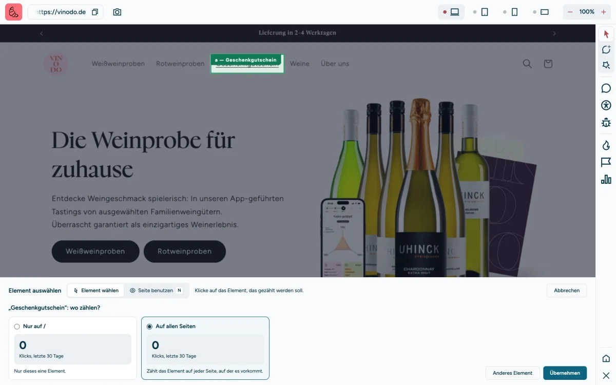 Screenshot of the sitebrunch extension: Under “Gift voucher: where should it count?” the choice between “Only on /” and “On all pages”, each with the number of clicks in the last 30 days. “On all pages” is selected. At the bottom right “Pick another element” and “Use this element”.