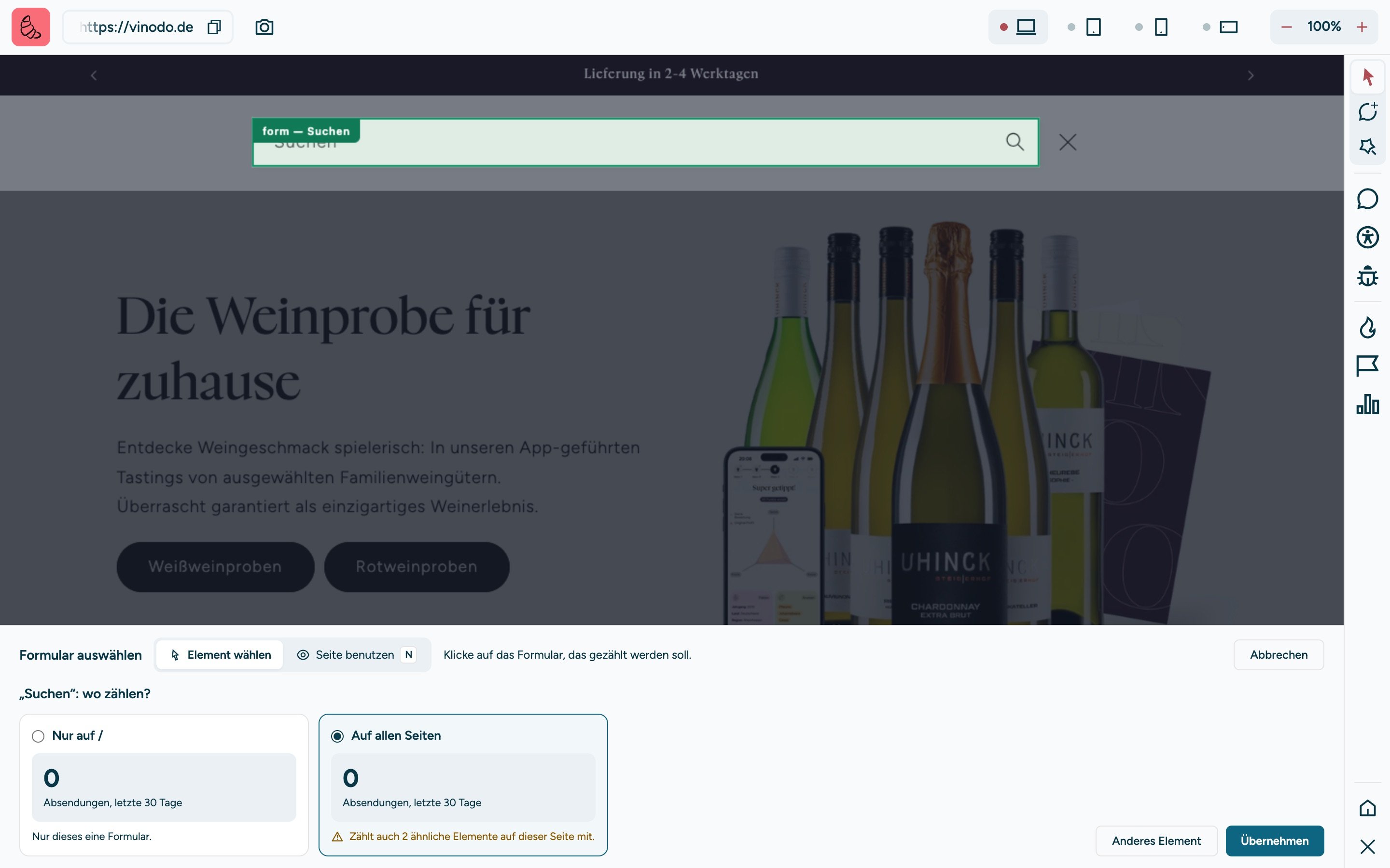 Screenshot of the sitebrunch extension in the “Pick a form” mode: The search field at the top of vinodo.de is outlined in green and labeled “form, Suchen” (search). At the bottom “Search: where should it count?” with “On all pages” selected and the hint “Also counts 2 similar elements on this page.”