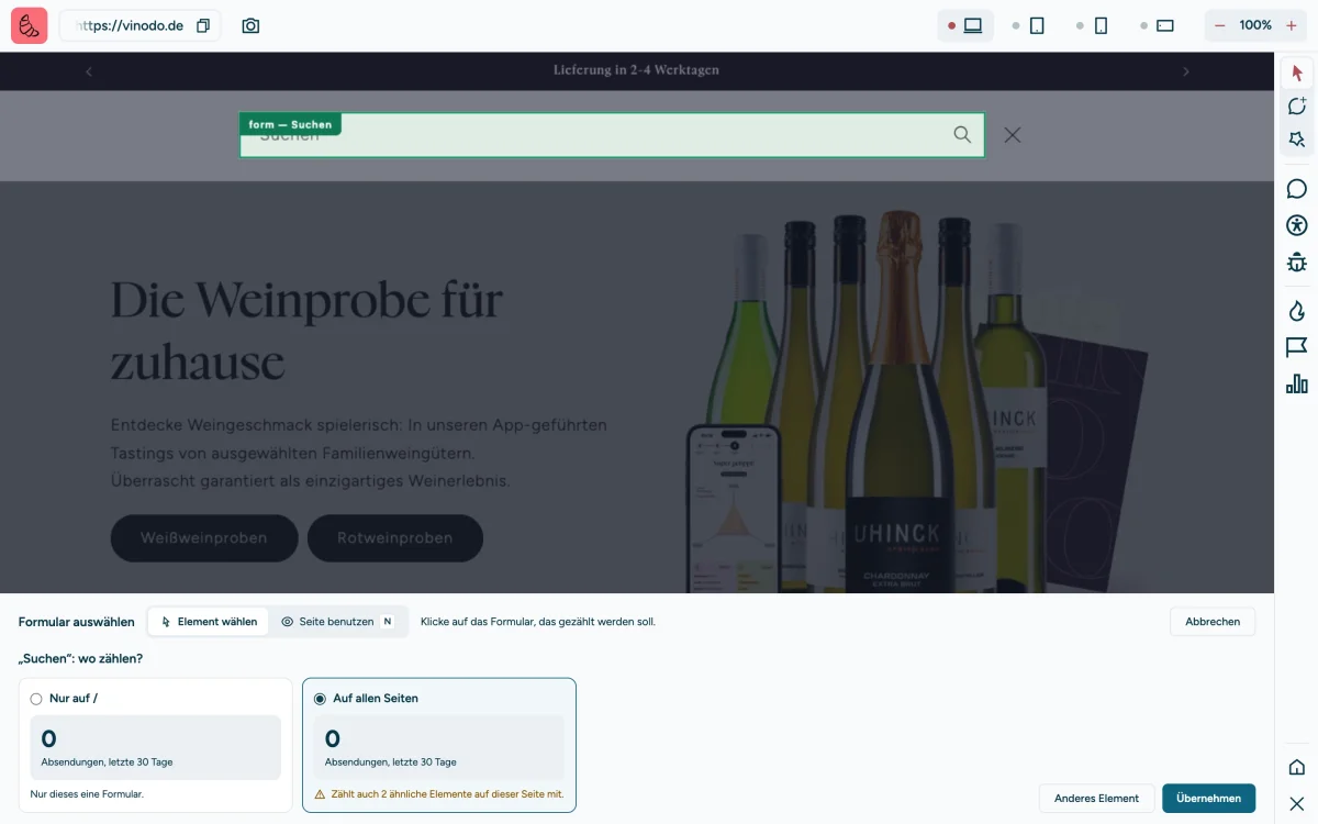 Screenshot of the sitebrunch extension in the “Pick a form” mode: The search field at the top of vinodo.de is outlined in green and labeled “form, Suchen” (search). At the bottom “Search: where should it count?” with “On all pages” selected and the hint “Also counts 2 similar elements on this page.”