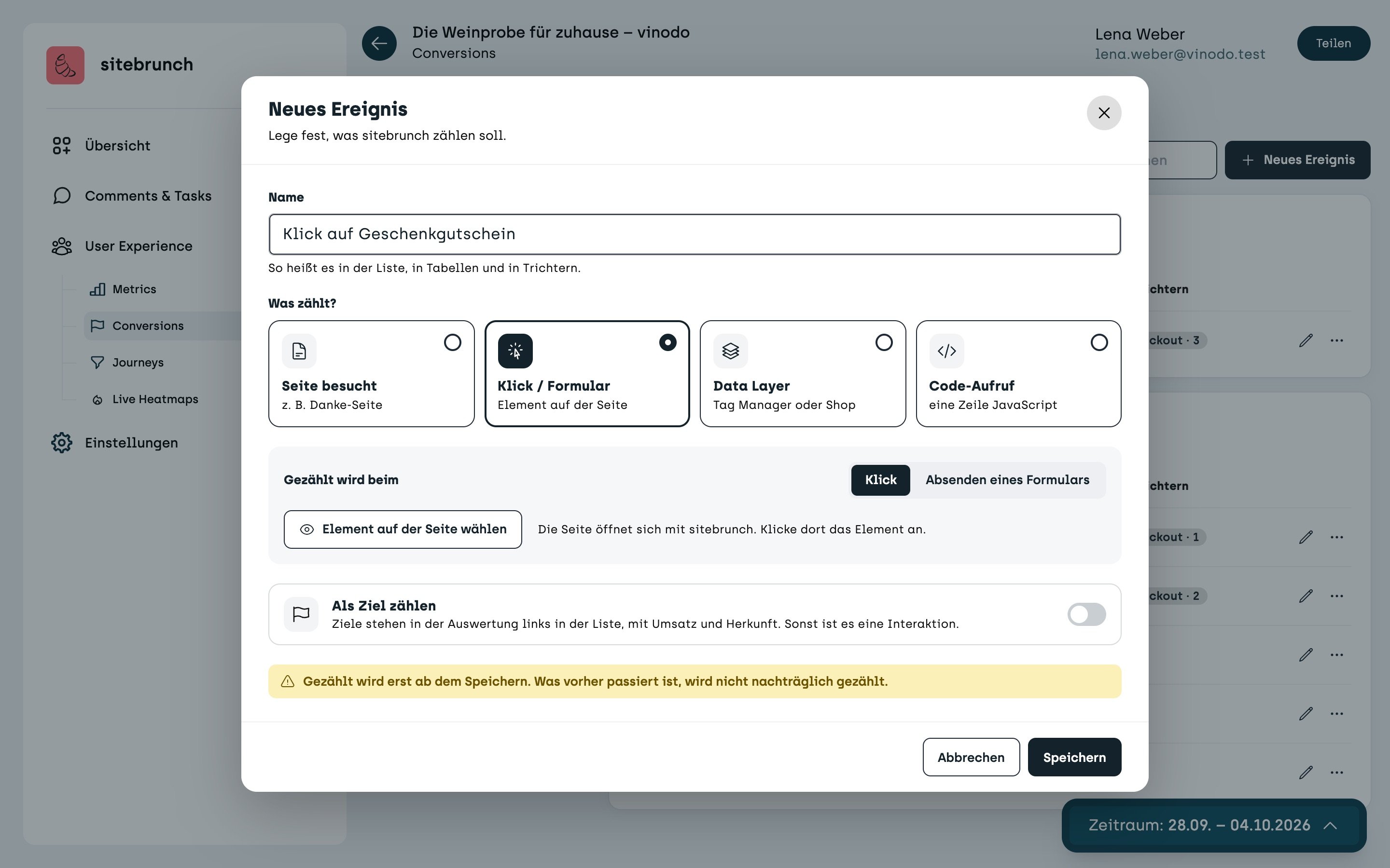 Screenshot sitebrunch: New event “Click on gift voucher” with the kind “Click / form”. Below it the choice between “Click” and “Form submit” and the button “Pick an element on the page”.