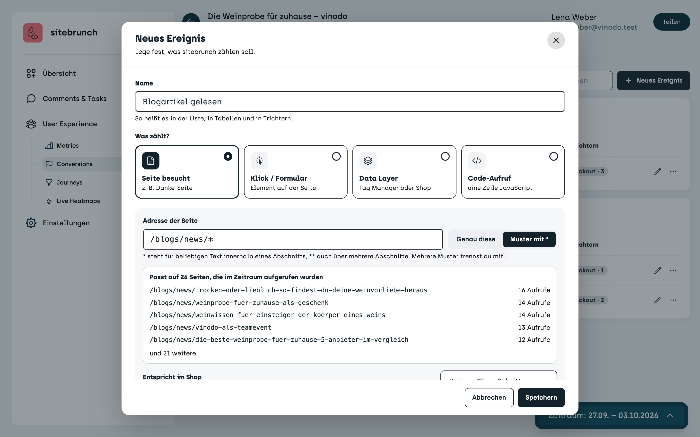 Screenshot sitebrunch: New event “Blog article read” with the kind “Page visited”. The pattern /blogs/news/* is entered as the address, below it the preview “Matches 26 pages viewed in the period” with the most visited blog articles.