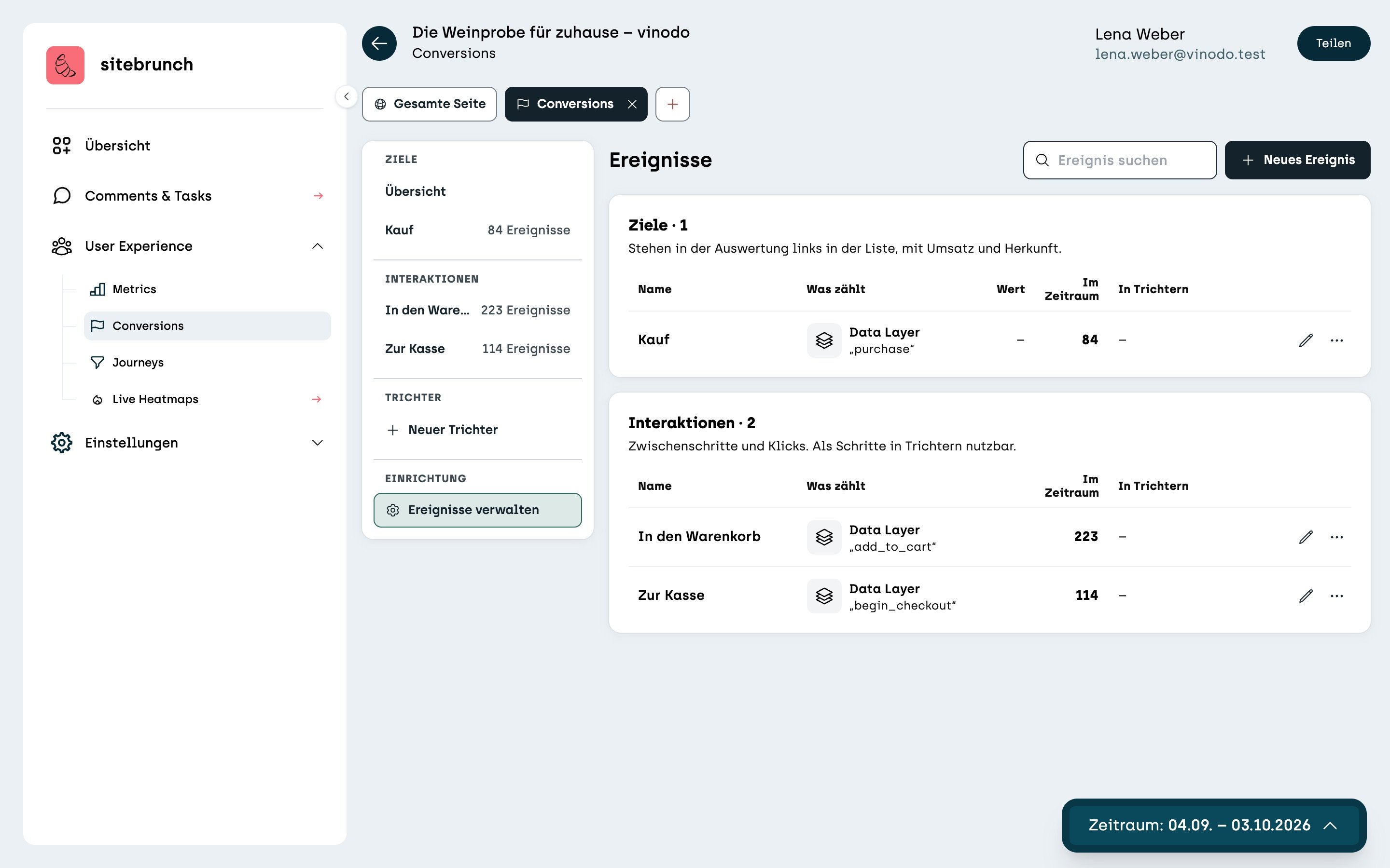 Screenshot sitebrunch: The “Events” page in Conversions. At the top the goal “Purchase”, below it the interactions “Add to cart” and “Go to checkout”, each with kind, count in the period, a pencil for editing and a menu with three dots.