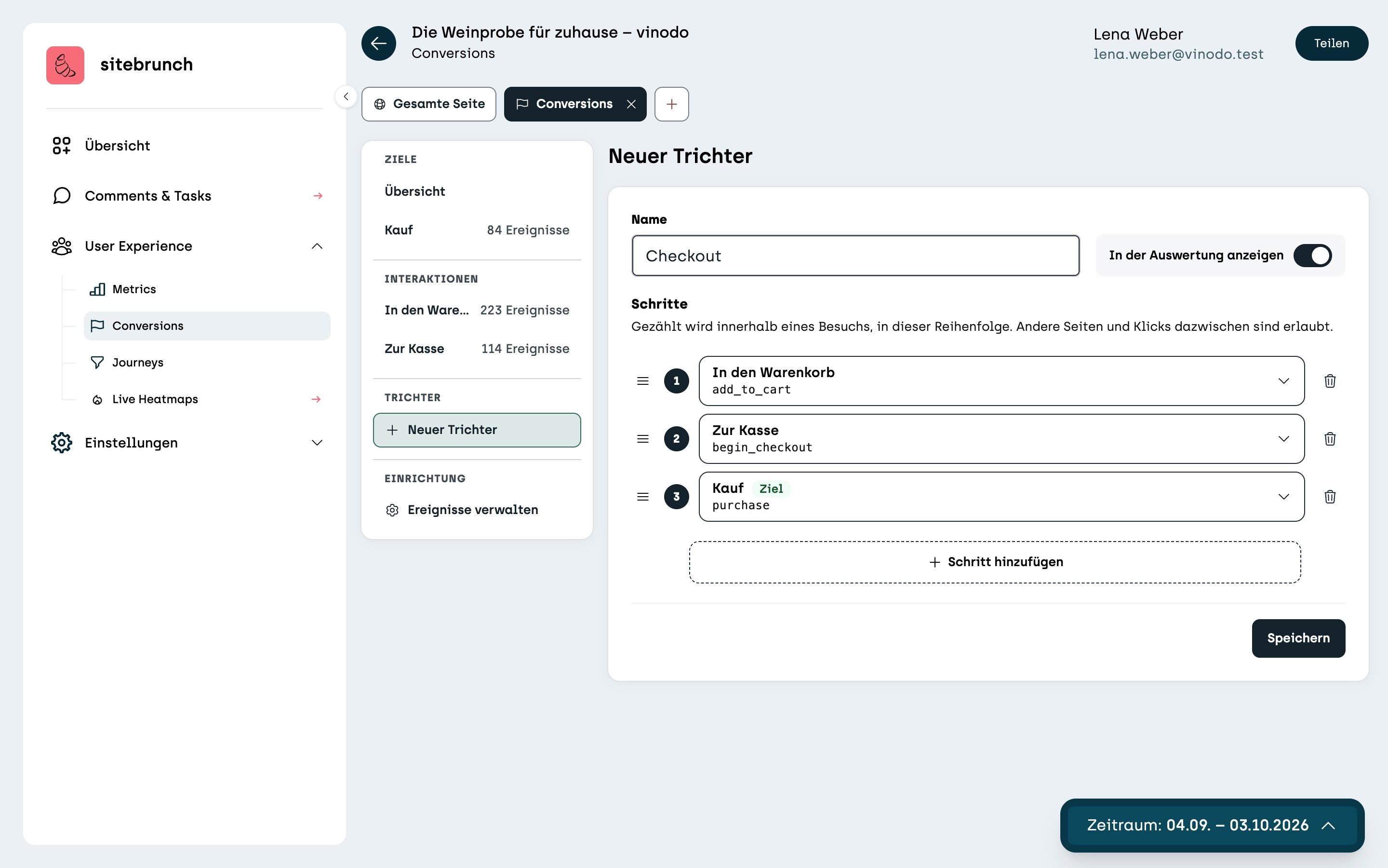 Screenshot sitebrunch: The “New funnel” form with the name “Checkout” and the three steps Add to cart, Go to checkout and Purchase, at the bottom the button “Save”.