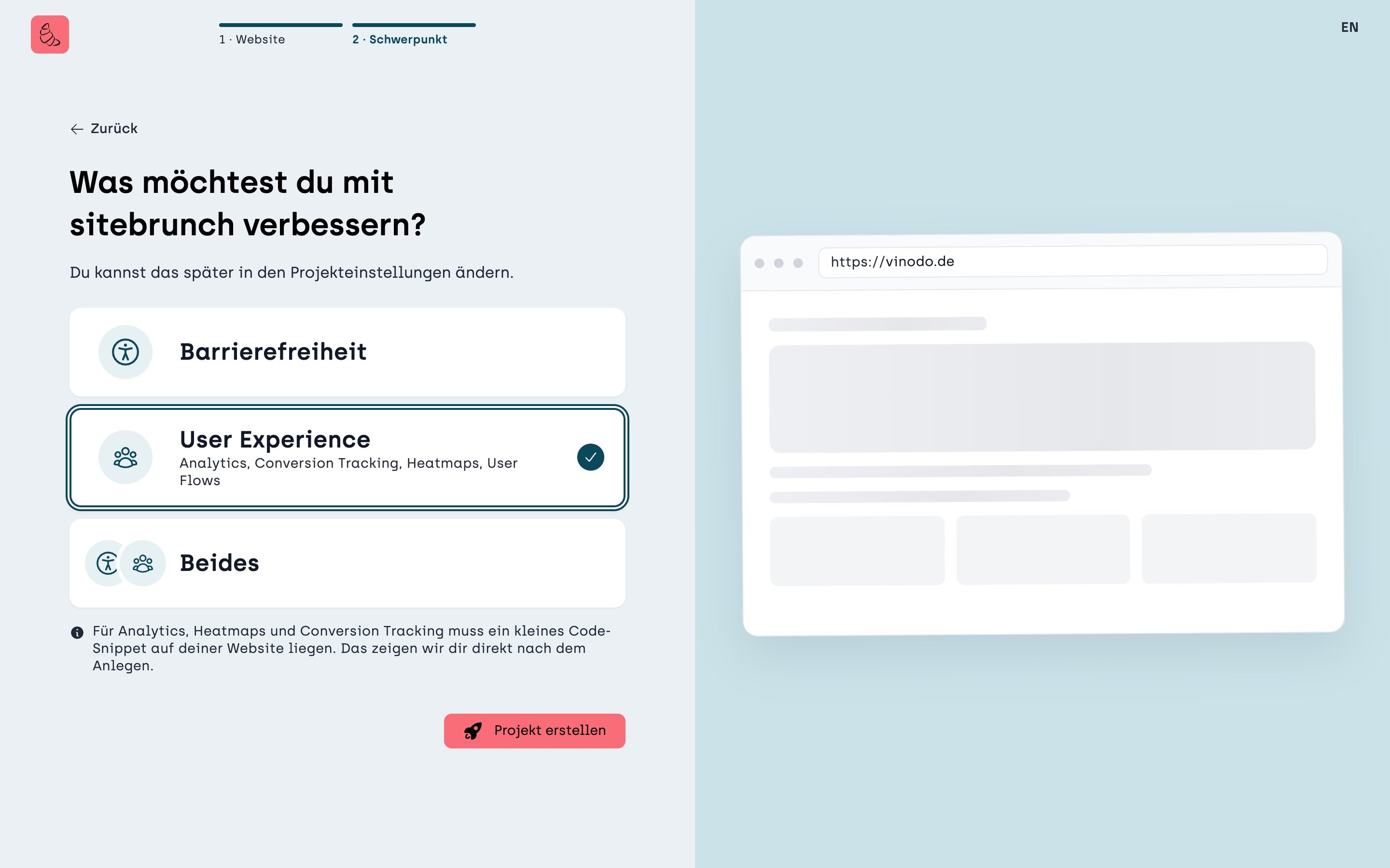Screenshot sitebrunch: The “Focus” step with the options Accessibility, User Experience and Both. User Experience is selected, with the “Create project” button at the bottom.