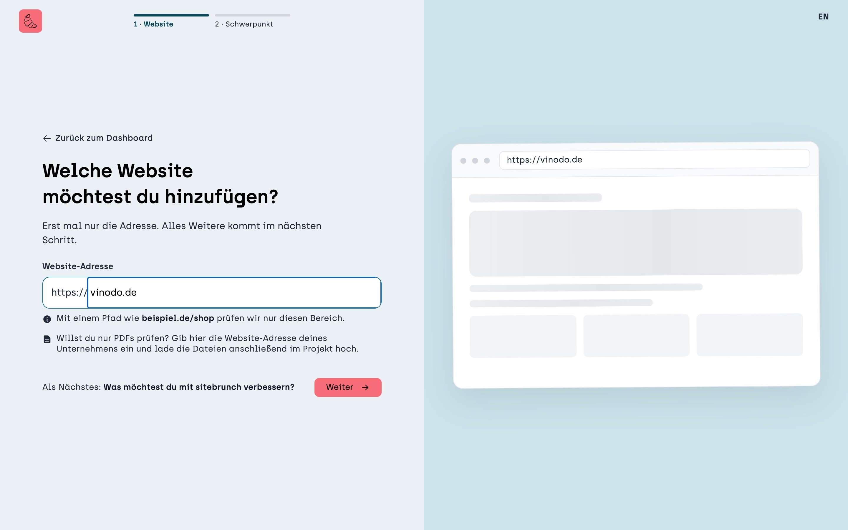 Screenshot sitebrunch: The “Website” step when creating a project. The “Website address” field contains vinodo.de, with the “Continue” button at the bottom right.