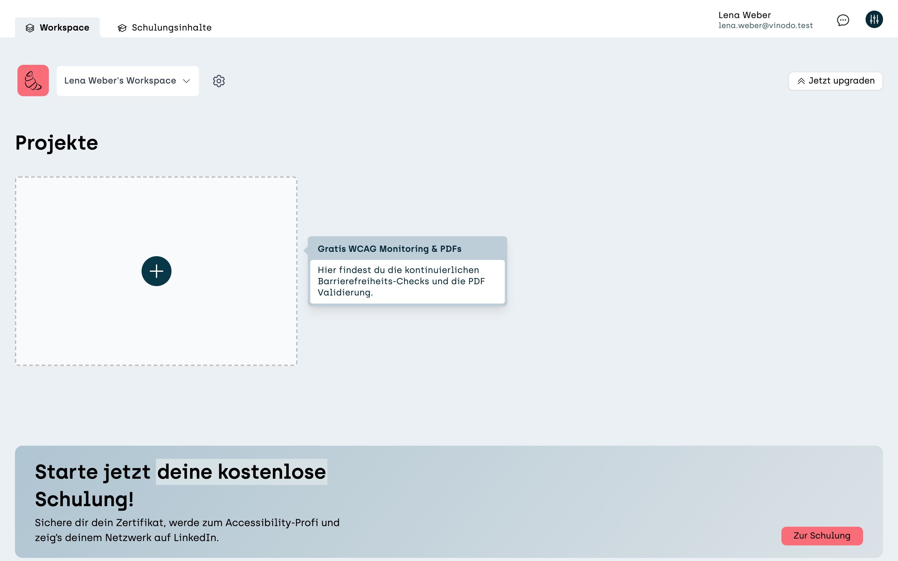 Screenshot sitebrunch: The “Projects” page in the workspace, still without a project. In the middle, the empty tile with the plus button for creating one.