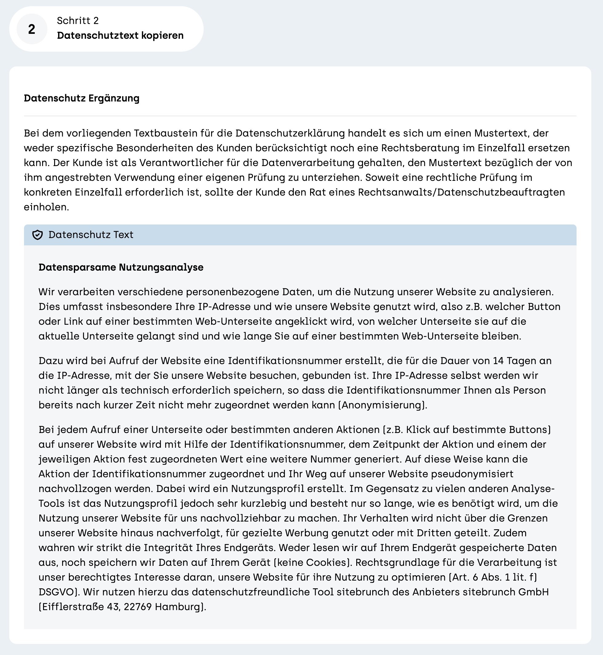 Screenshot sitebrunch: Step 2 “Copy privacy text” with the sample text “Privacy-friendly usage analysis” for the privacy policy.