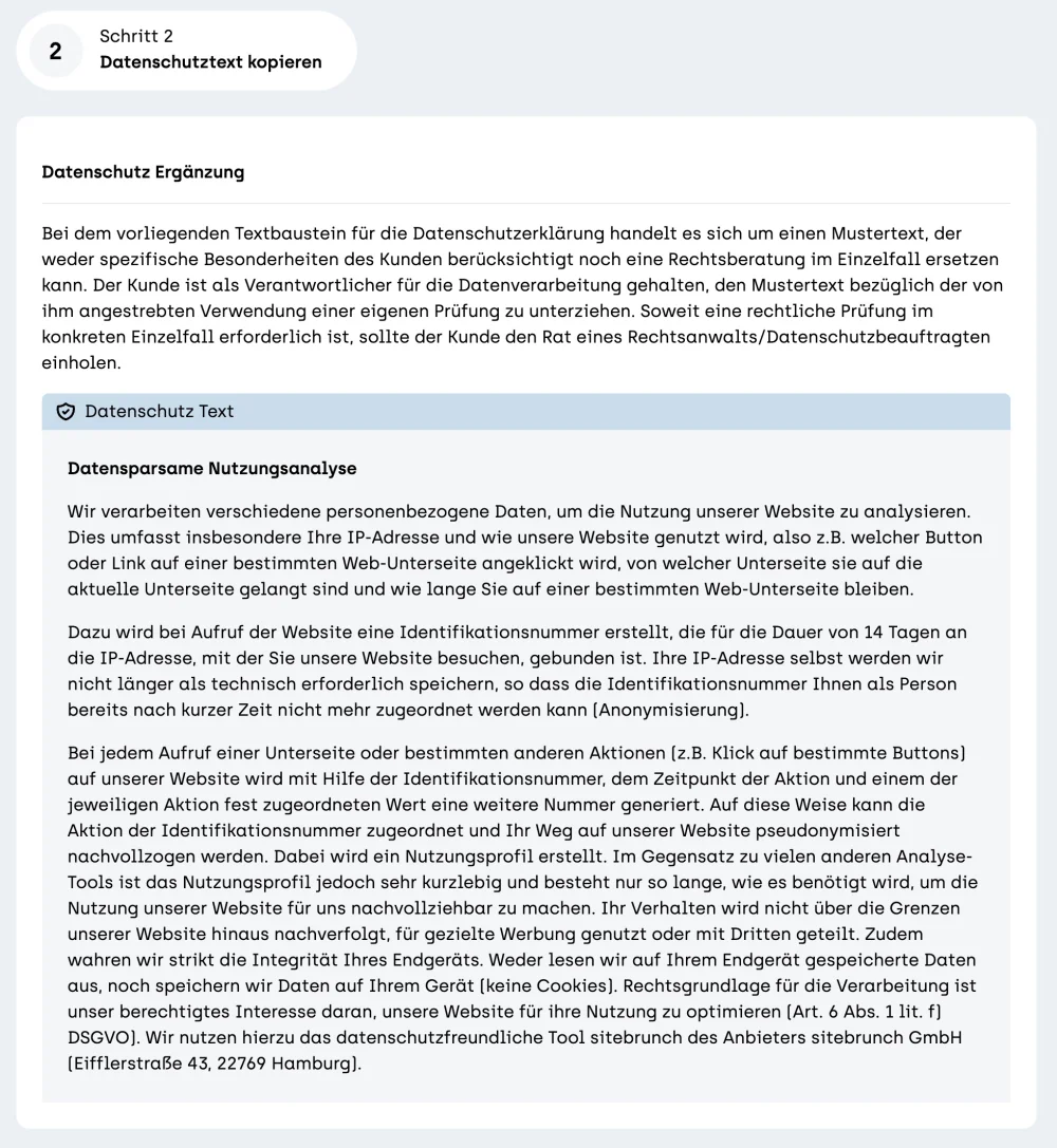 Screenshot sitebrunch: Step 2 “Copy privacy text” with the sample text “Privacy-friendly usage analysis” for the privacy policy.