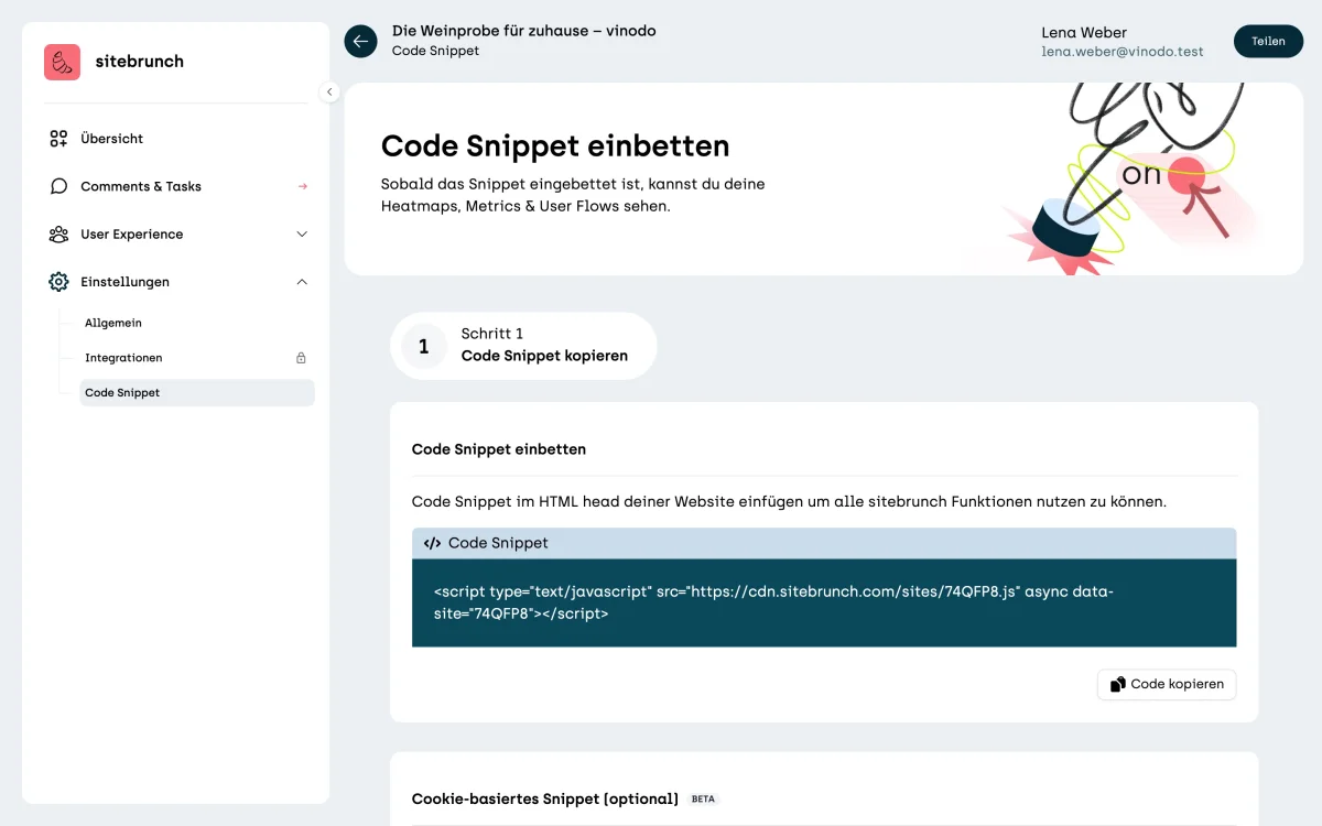 Screenshot sitebrunch: The “Embed code snippet” page with step 1 “Copy code snippet”, the code for vinodo.de and the “Copy code” button.
