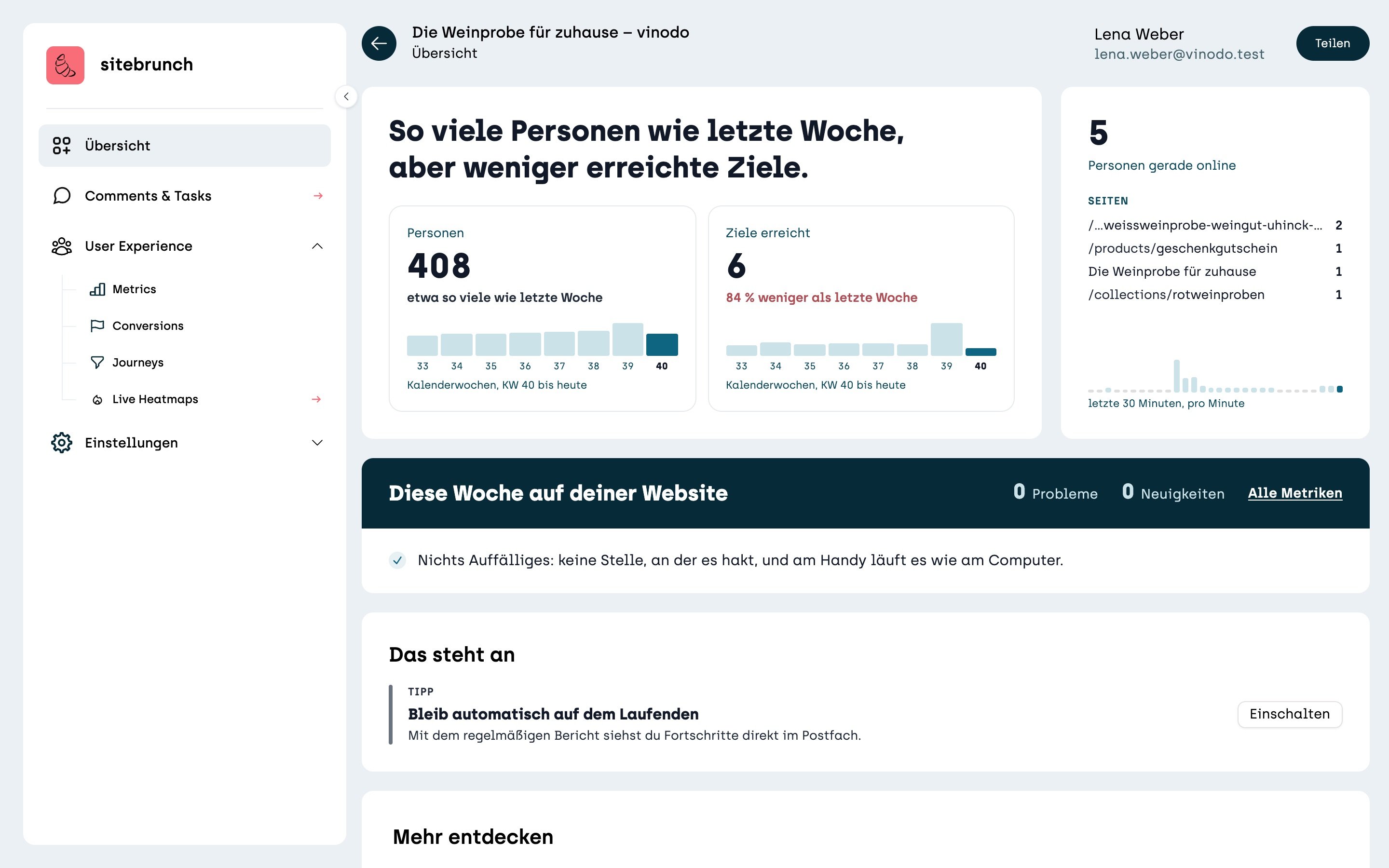 Screenshot sitebrunch: The weekly overview for vinodo.de. At the top the sentence “As many people as last week, but fewer goals reached.”, below it the tiles People (408) and Goals reached (6), on the right 5 people online right now. Below that “This week” and “Worth a look”.