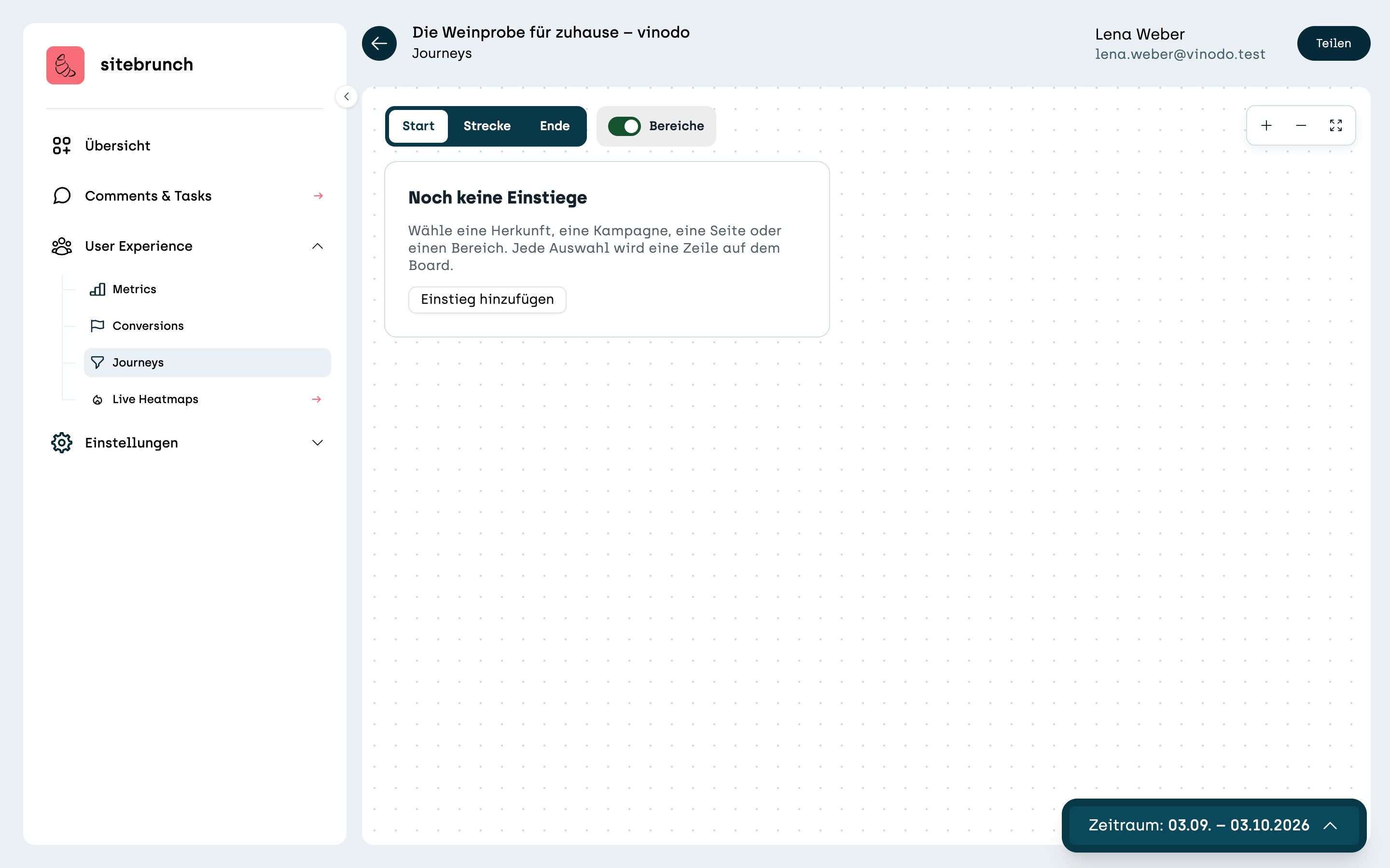 Screenshot sitebrunch: Journeys zum ersten Mal geöffnet. Oben die Ansichten Start, Strecke und Ende und der Schalter »Bereiche«, darunter die Karte »Noch keine Einstiege« mit dem Button »Einstieg hinzufügen«. Rechts oben die Zoom-Knöpfe, unten rechts der Zeitraum.