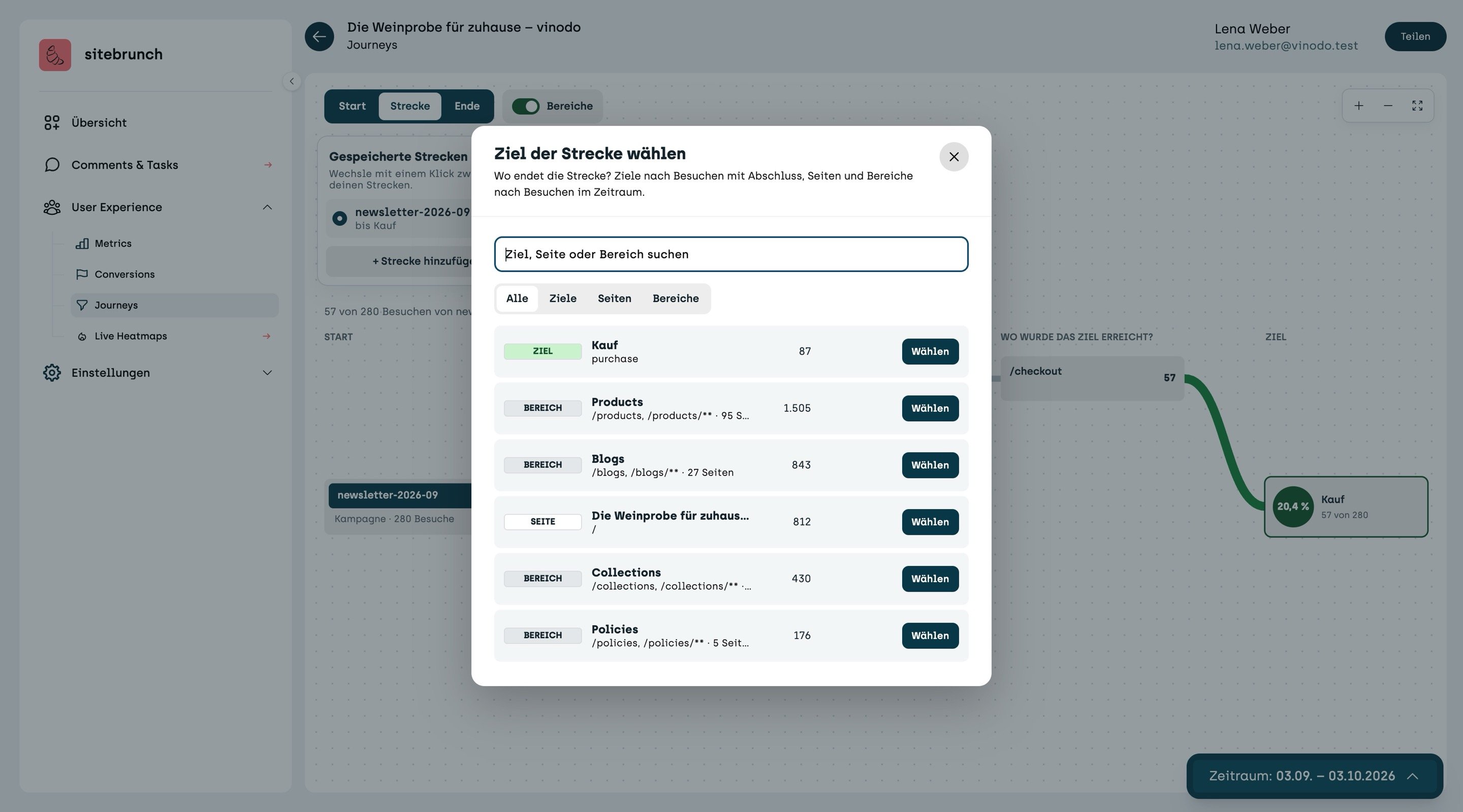Screenshot sitebrunch: The “Choose where the route ends” window with a search field and the tabs All, Goals, Pages and Sections. At the very top the goal Purchase with 87 visits with a conversion, below it sections and pages, each with the button “Choose”.