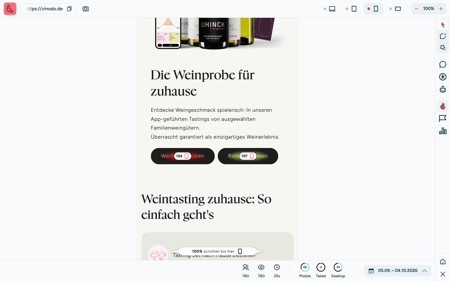 Screenshot of the sitebrunch extension in the Mobile view. The vinodo.de home page is shown narrow, as on a phone. The buttons Weißweinproben (white wine tastings) and Rotweinproben (red wine tastings) show 164 and 107 clicks with a phone icon. At the top right the phone icon is highlighted in the device selection.