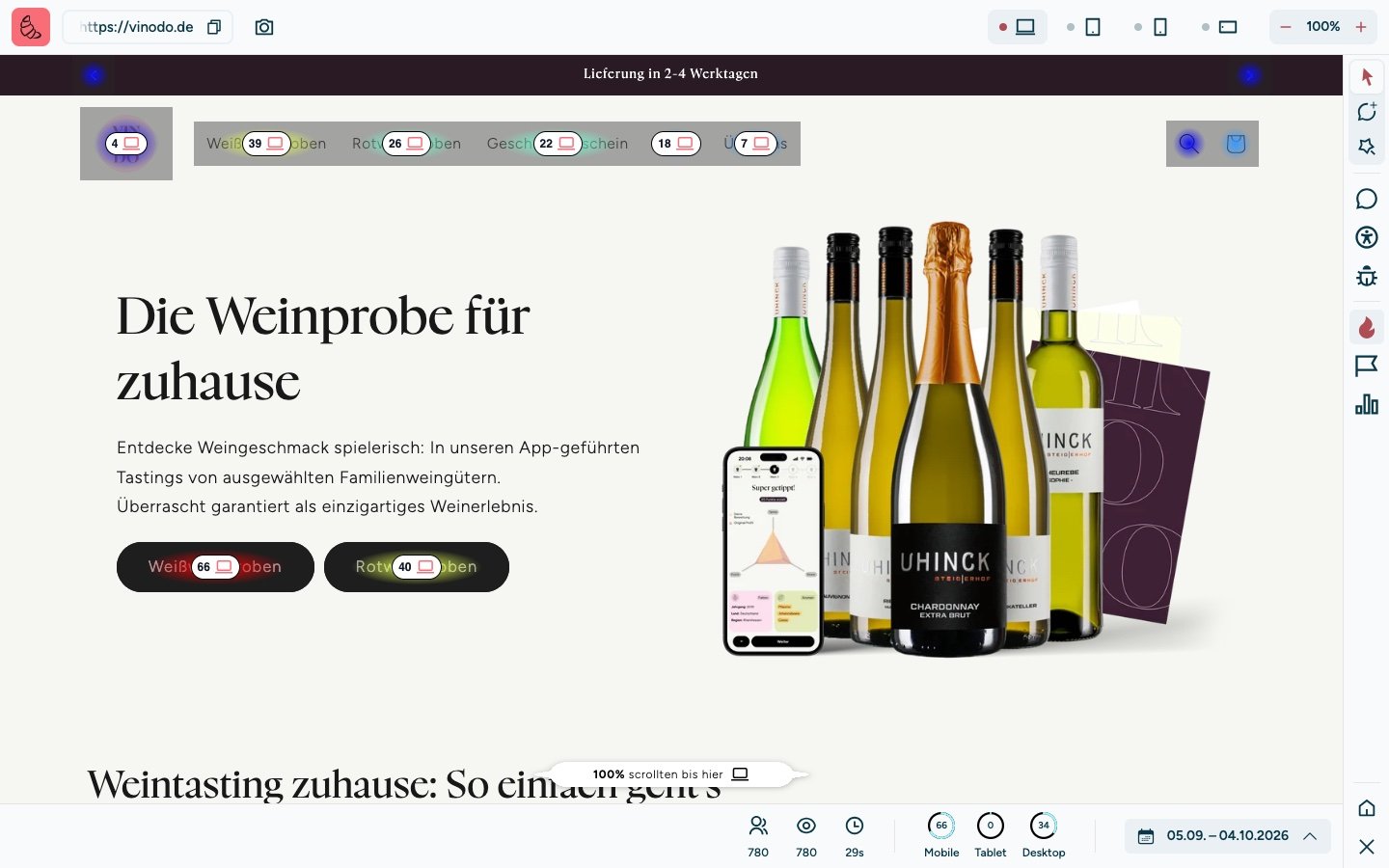 Screenshot of the sitebrunch extension on vinodo.de with the heatmap turned on. Every menu item and button carries a number with a laptop icon, for example Weißweinproben (white wine tastings) 39 in the menu and 66 on the button further down. The button with the most clicks glows red, less clicked elements green and blue. At the bottom the bar with 780 visitors, 780 page views, 29 seconds visit duration, the device shares and the period September 5 to October 4, 2026.