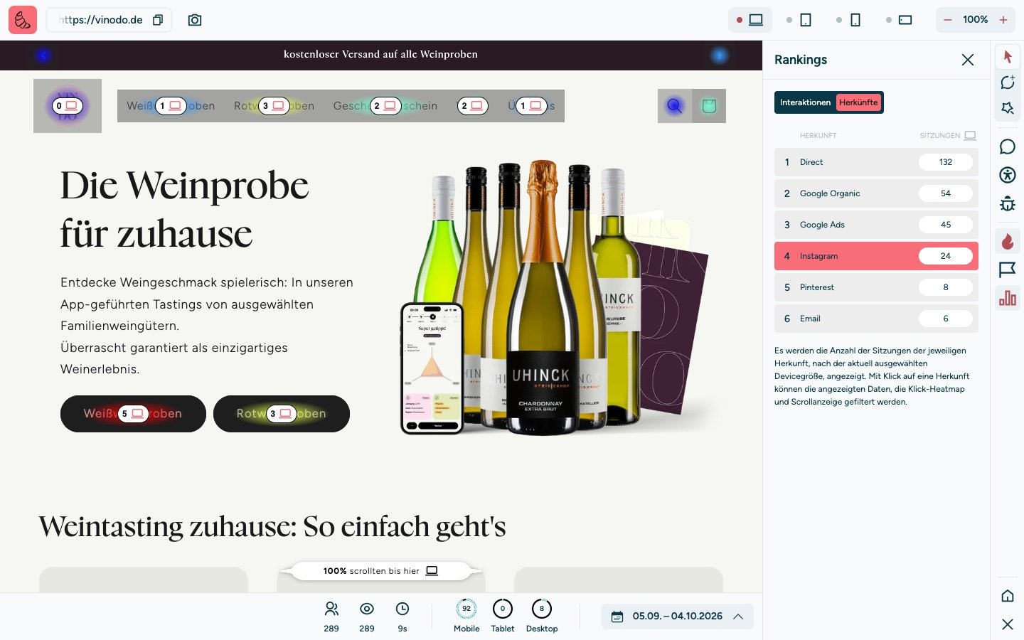 Screenshot of the sitebrunch extension with the “Rankings” panel, “Origins” tab. In the list Direct 132, Google Organic 54, Google Ads 45, Instagram 24, Pinterest 8 and Email 6. Instagram is marked in red and thereby selected as a filter. The heatmap now only shows clicks from Instagram, for example 5 on Weißweinproben (white wine tastings), and 289 visitors at the bottom.