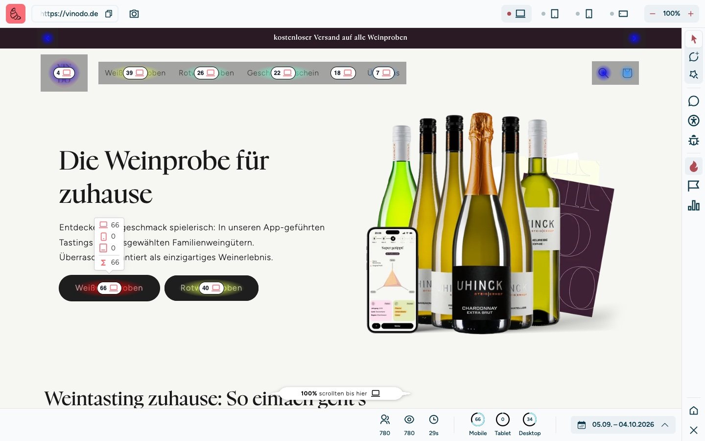 Screenshot der sitebrunch Extension: Die Maus steht auf dem Button Weißweinproben. Ein kleines Fenster darüber zeigt die Klicks pro Gerät: 66 am Computer, 0 am Tablet, 0 am Handy und 66 insgesamt.