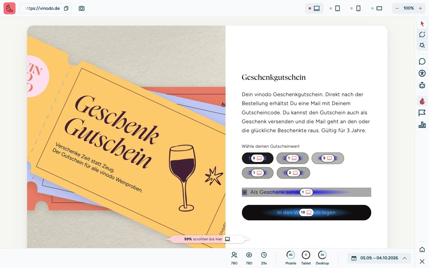 Screenshot of the sitebrunch extension: The gift voucher section further down the vinodo.de home page. The voucher amounts and the “In den Warenkorb legen” (add to cart) button carry their click counts, the button for example 10. At the bottom center the indicator “59% Scrolled here”.