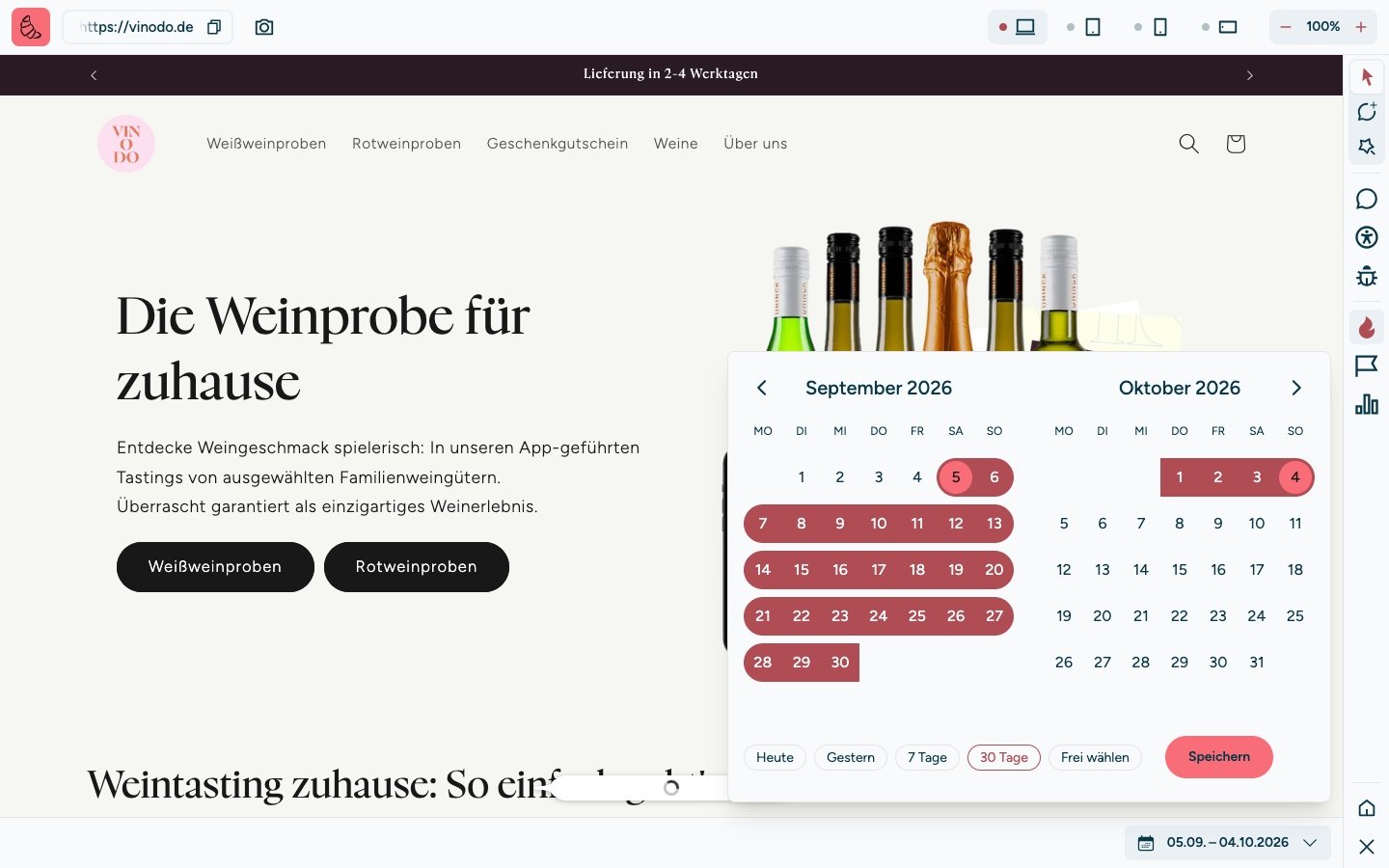 Screenshot of the sitebrunch extension: The open calendar for the period with September and October 2026. September 5 to October 4 is selected. At the bottom the buttons Today, Yesterday, 7 Days, 30 Days (selected) and Custom range, and the button “Save”.