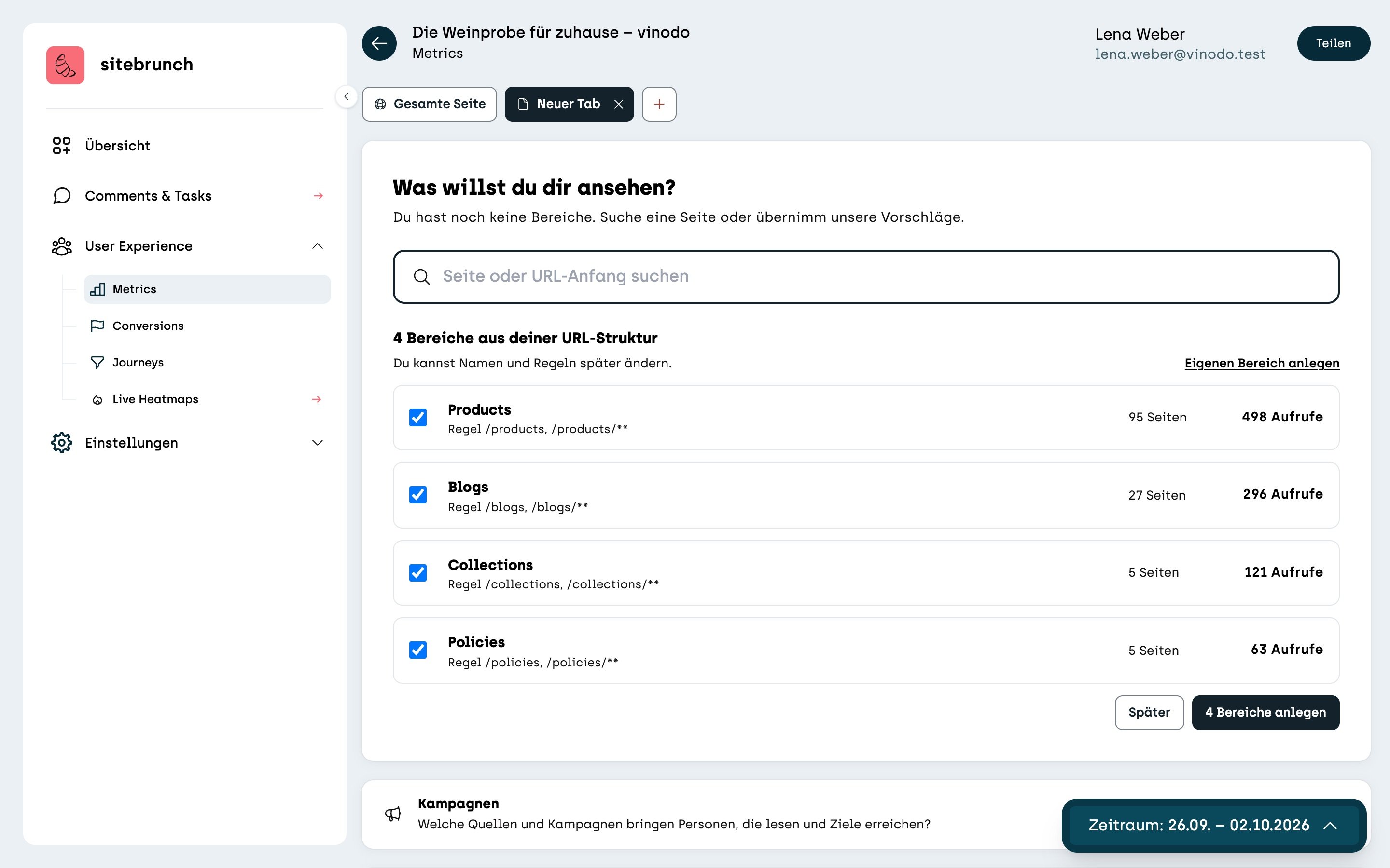 Screenshot sitebrunch: A new tab with “What do you want to look at?”. Below it four suggested sections from the URL structure: Products, Blogs, Collections and Policies, all ticked, and the “Create 4 sections” button.