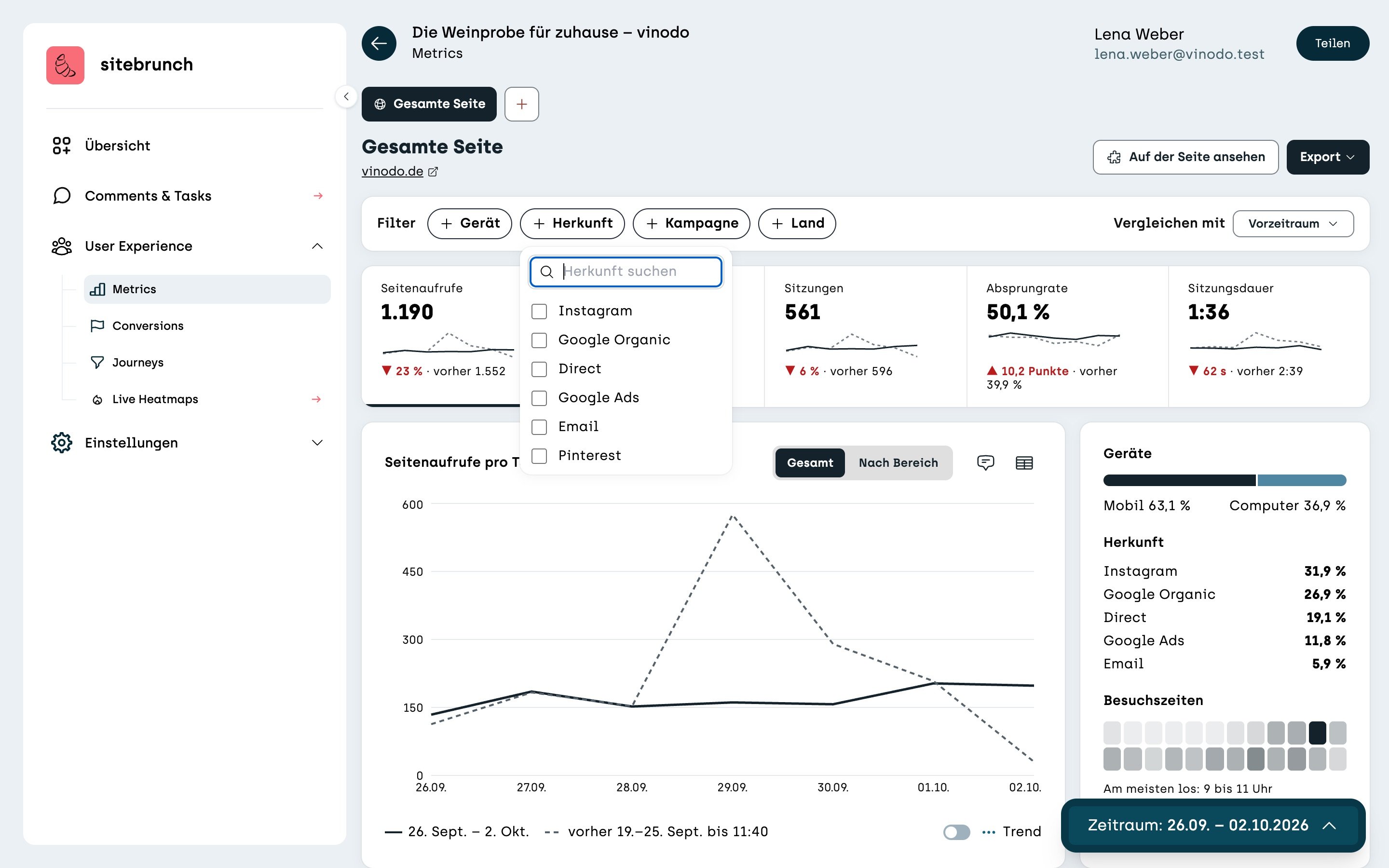 Screenshot sitebrunch: The open “Source” filter with a search field and the sources Instagram, Google Organic, Direct, Google Ads, Email and Pinterest to tick.