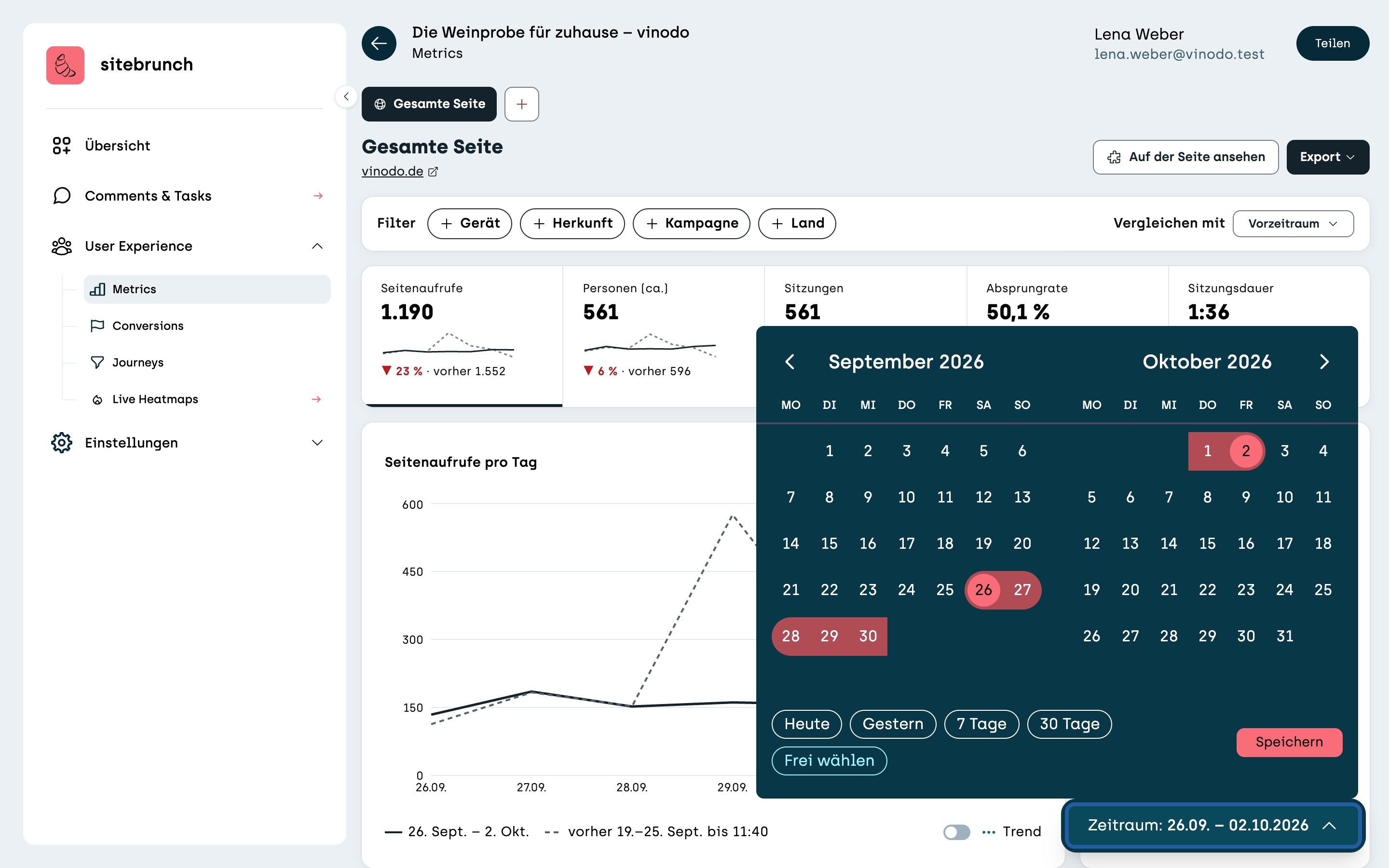 Screenshot sitebrunch: The open time period calendar showing September and October 2026, with 26 September to 2 October selected. At the bottom the quick picks Today, Yesterday, 7 days, 30 days, Choose freely and the “Save” button.