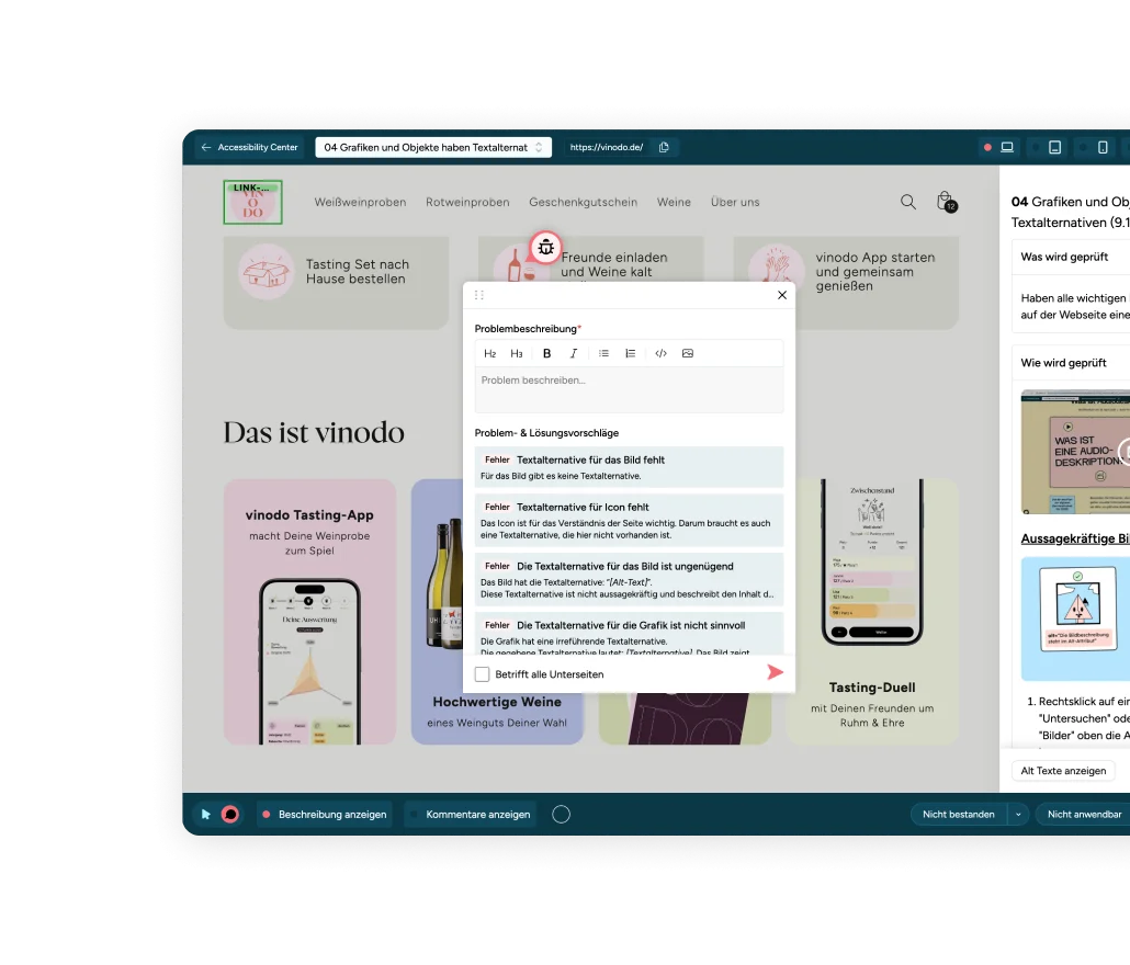 Screenshot Testschritt Grafiken und Objekte haben Textalternativen wird direkt auf der Originalseite getestet.