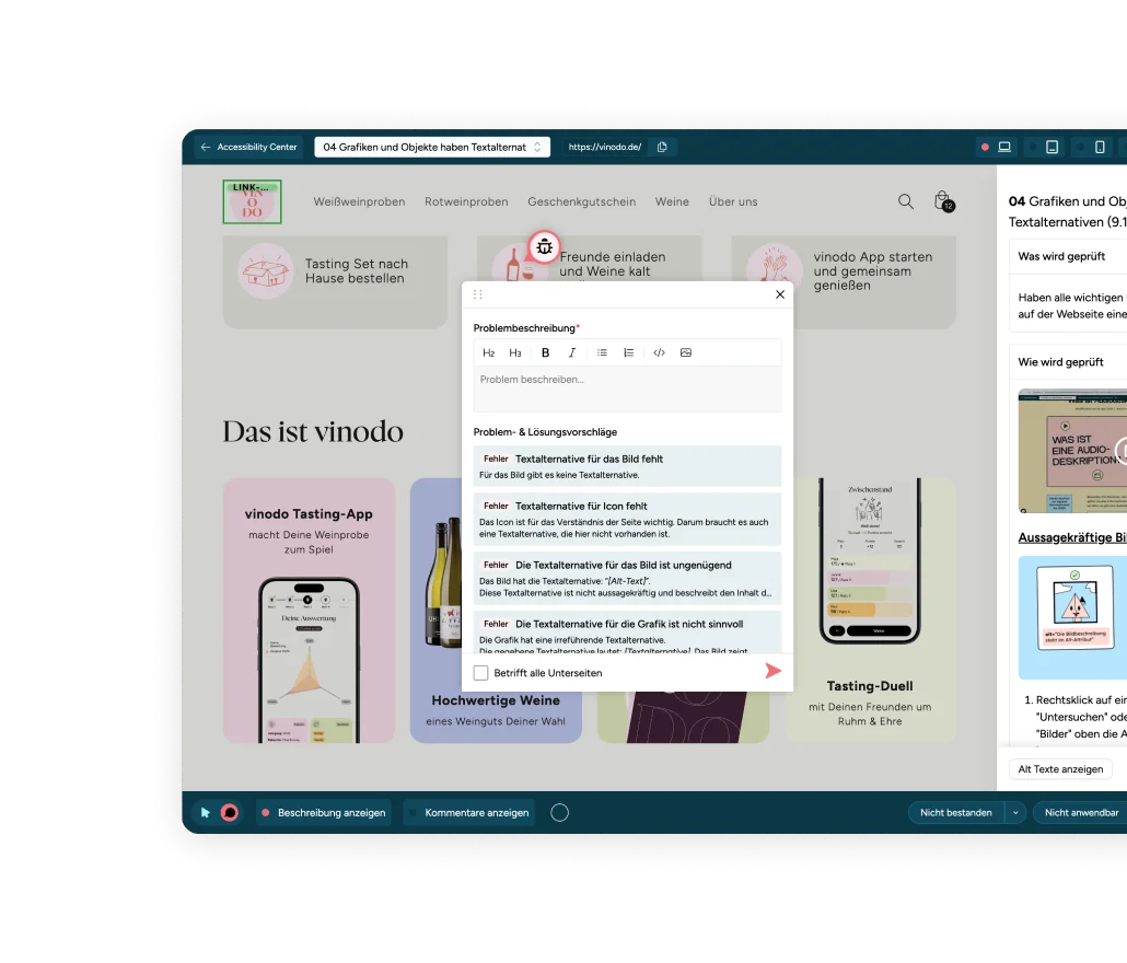 Screenshot Testschritt Grafiken und Objekte haben Textalternativen wird direkt auf der Originalseite getestet.