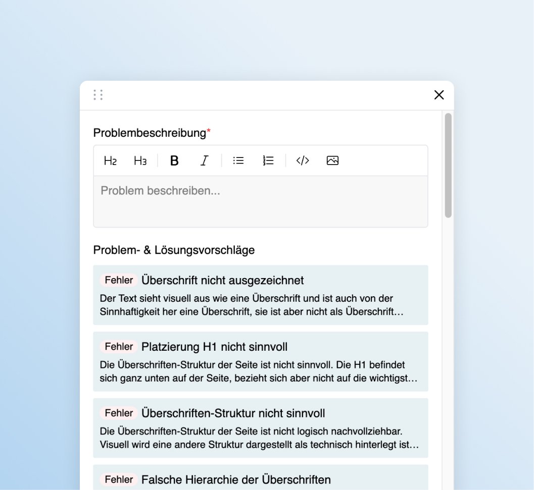 sitebrunch accessibility unterstützt Tester indem es Problem- und Lösungsvorschläge anzeigt.