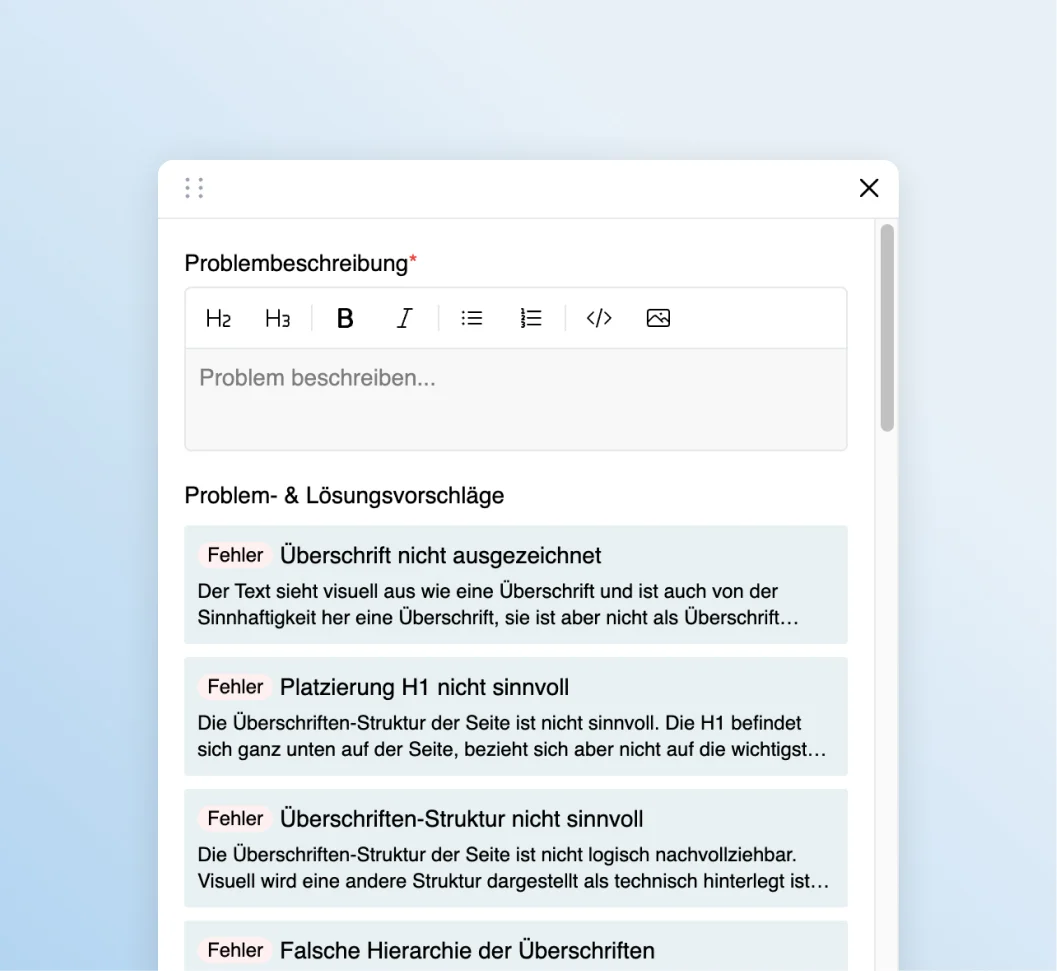 sitebrunch accessibility unterstützt Tester indem es Problem- und Lösungsvorschläge anzeigt.