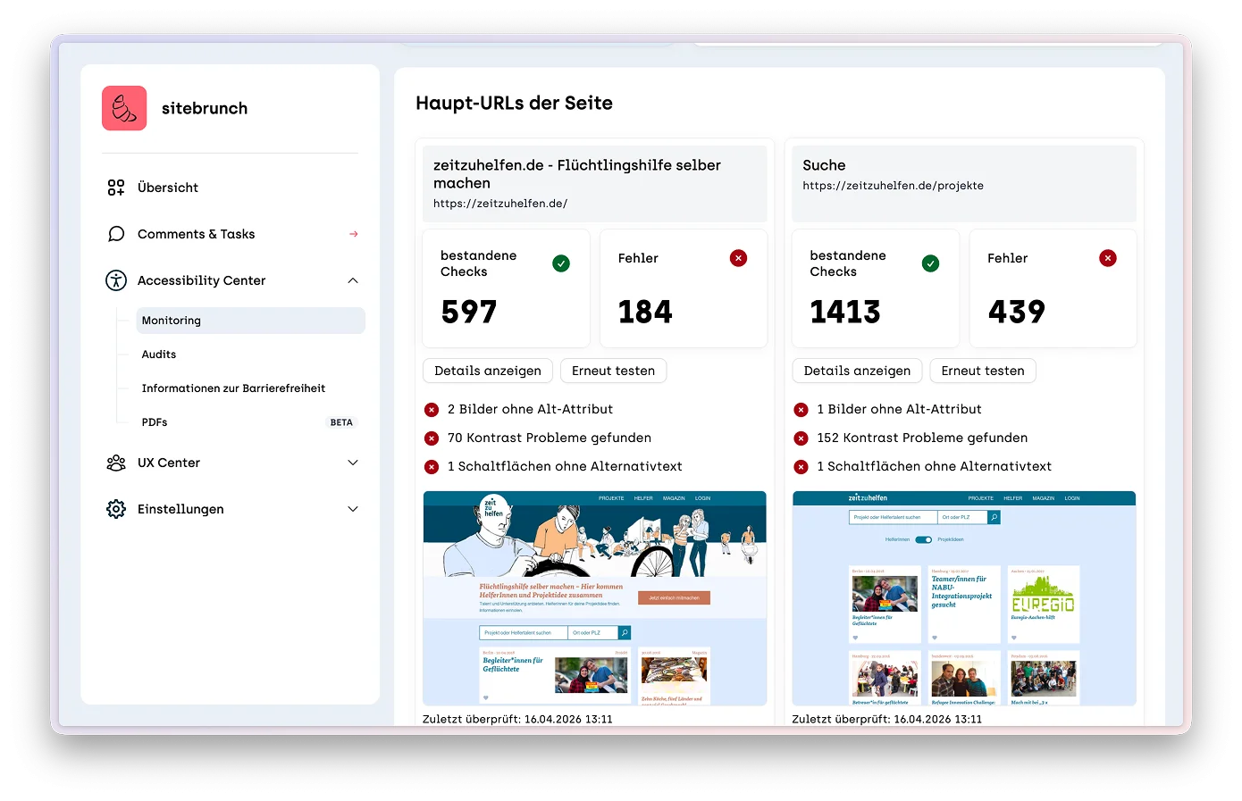 Screenshot der Monitoringübersicht der einzelnen Unterseiten mit Fehlern und bestandenen Checks