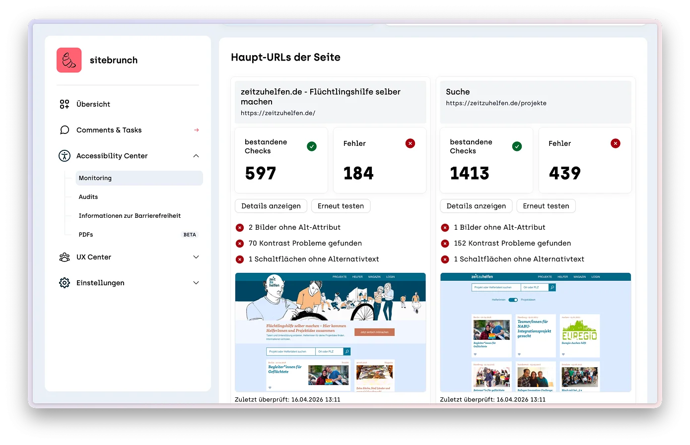 Screenshot der Monitoringübersicht der einzelnen Unterseiten mit Fehlern und bestandenen Checks