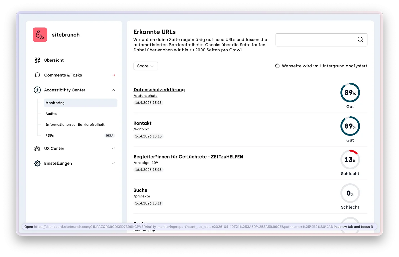 Screenshot Monitoring neuer URLs mit Bewerung der Barrierefreiheit über einen Score