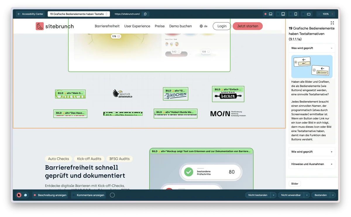 sitebrunch Accessibility Coach Ansicht