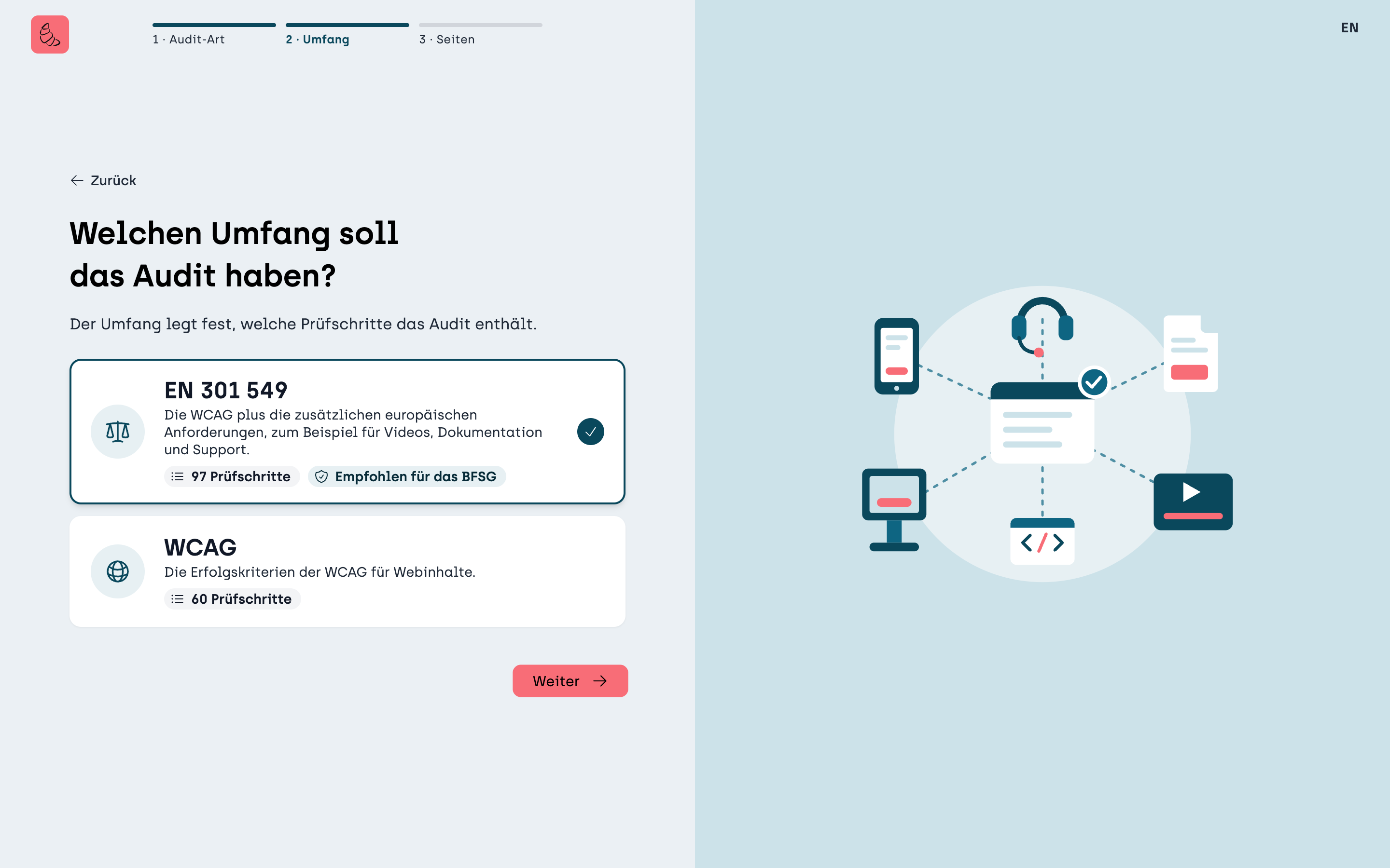 Audit-Assistent: Auswahl zwischen EN 301 549 und WCAG