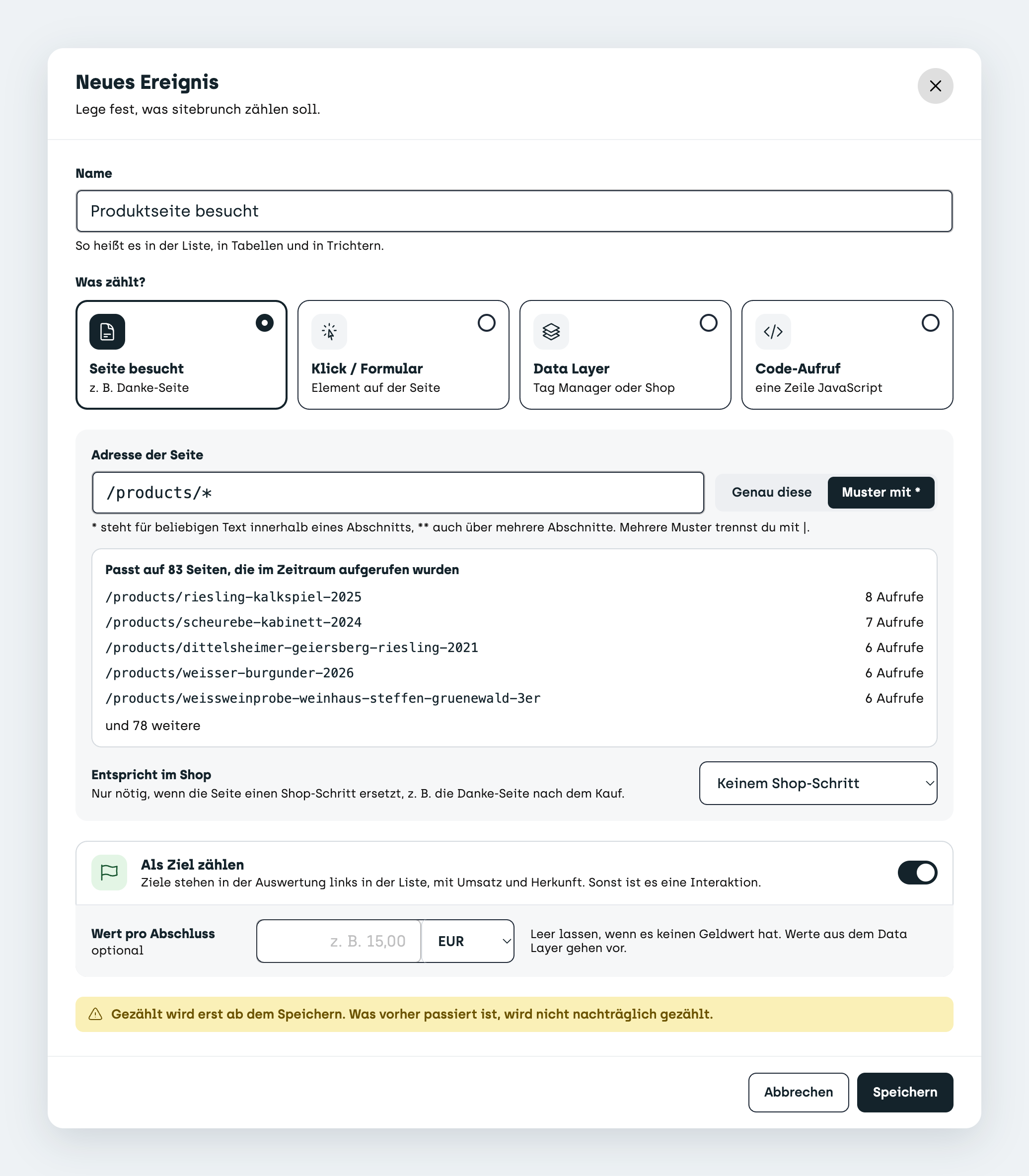 Neues Ziel mit dem URL-Muster /products/*, das auf vielen Produktseiten zählt