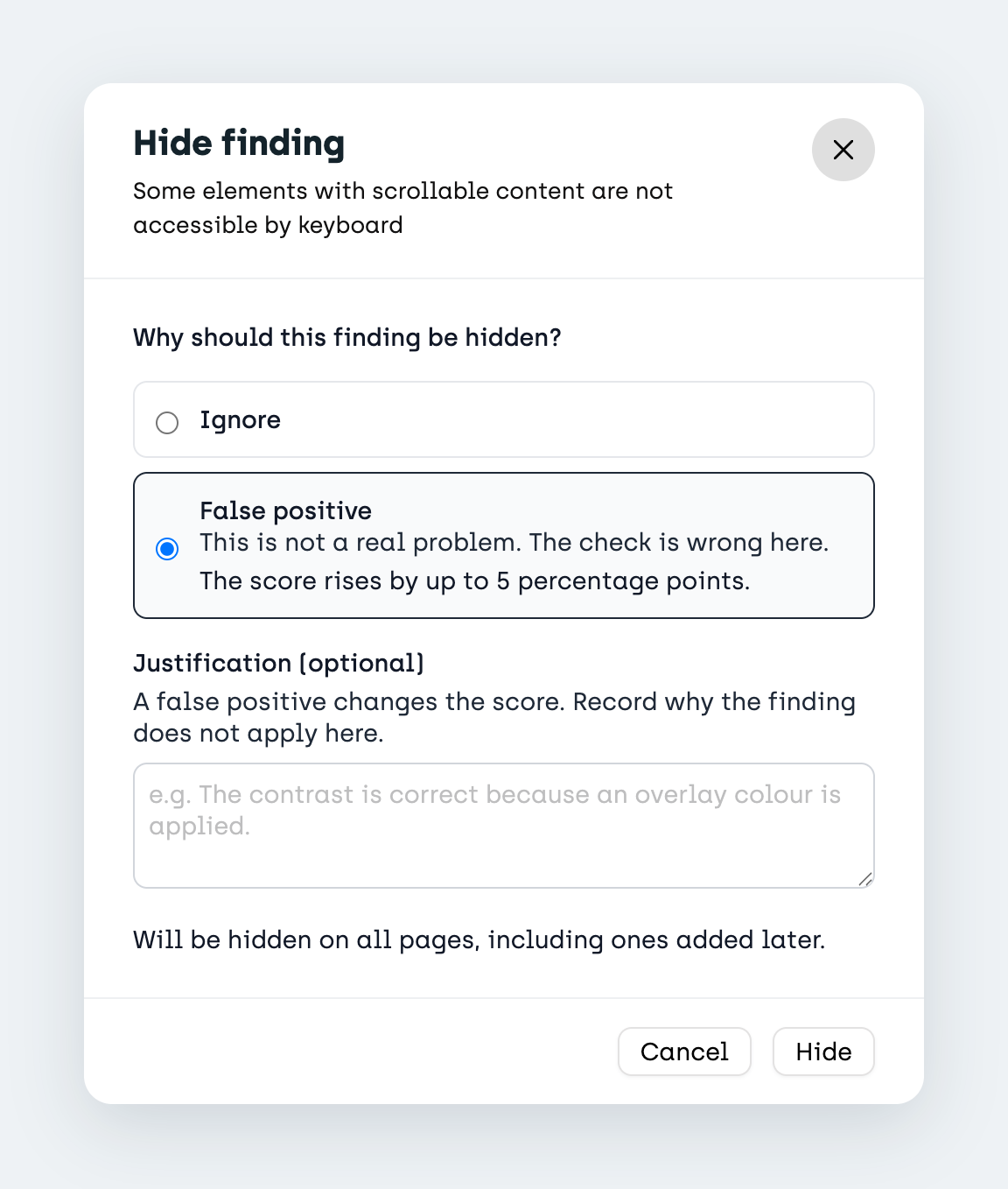 Hide finding dialog with the reasons Ignore and False positive