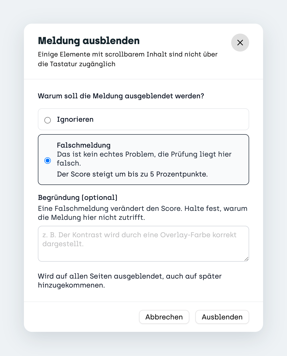 Dialog „Meldung ausblenden“ mit den Gründen Ignorieren und Falschmeldung