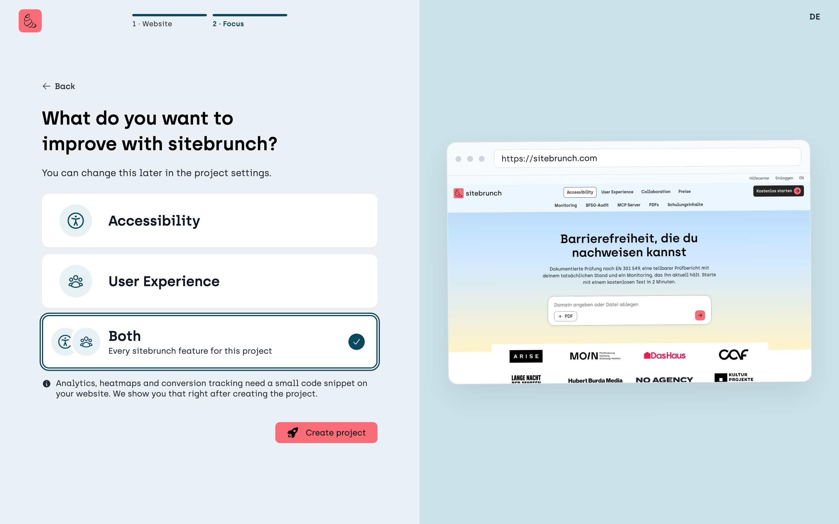 Creating a project: choosing accessibility, user experience or both