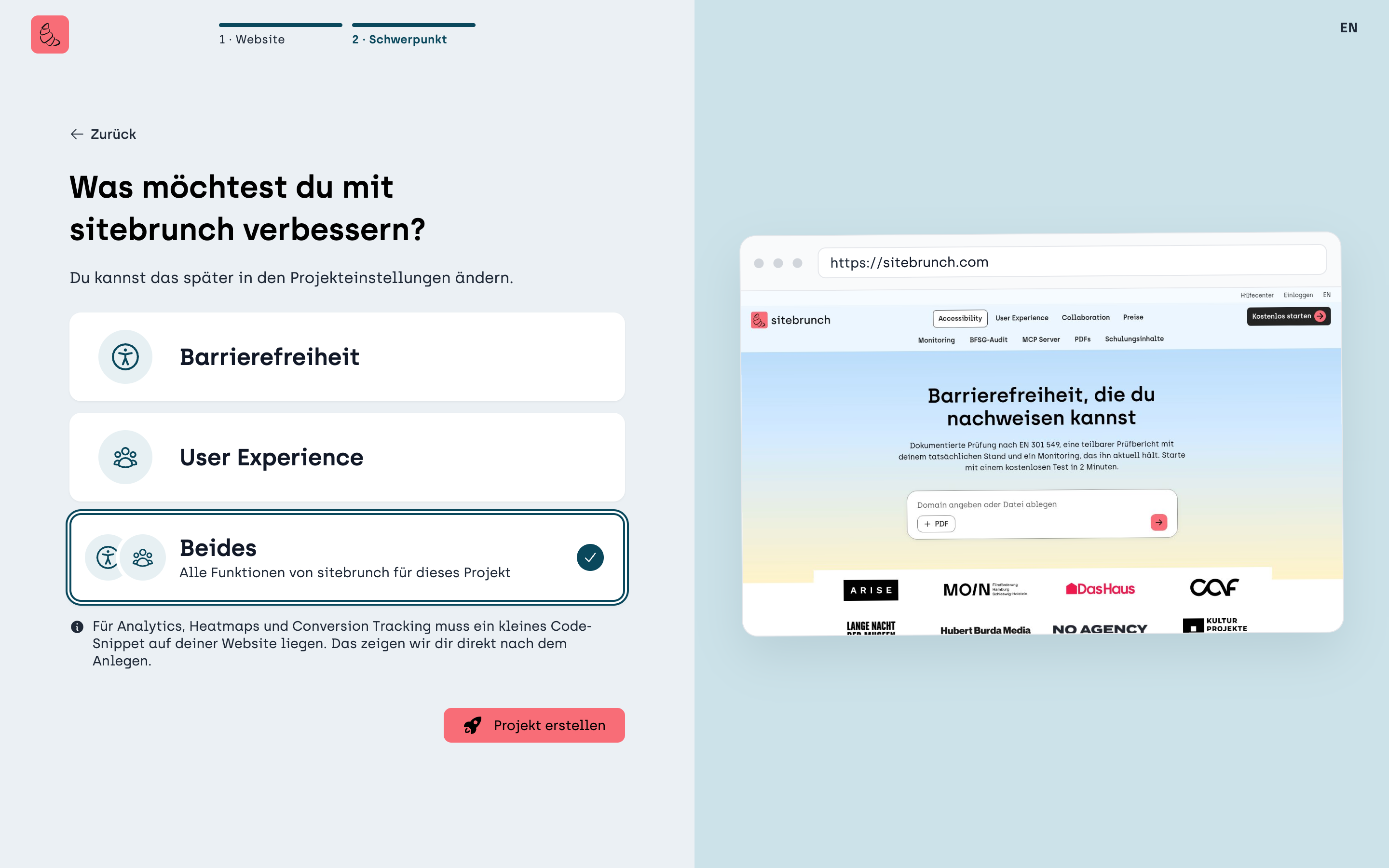 Neues Projekt anlegen: Auswahl zwischen Barrierefreiheit, User Experience oder beidem