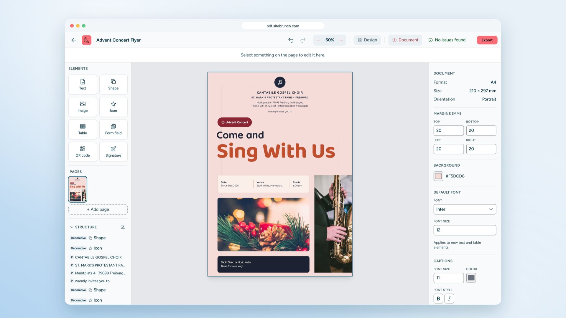 The sitebrunch PDF editor in the browser with the flyer "Come and Sing With Us" for an Advent concert.