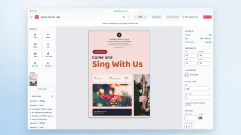 The sitebrunch PDF editor in the browser with the flyer "Come and Sing With Us" for an Advent concert.