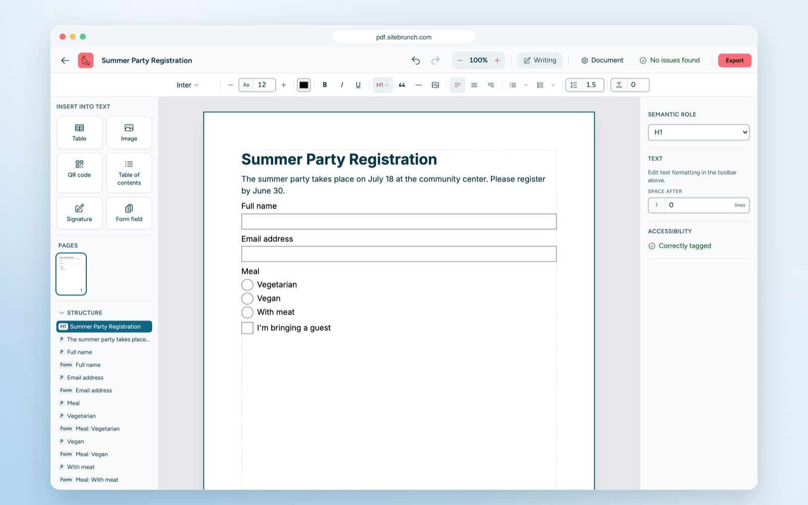 Form "Summer Party Registration" in the PDF editor with text fields, a radio group and a checkbox. On the left, the structure tree with the tagged fields.