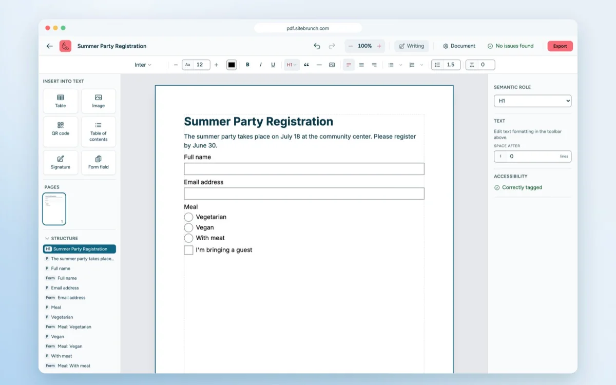 Form "Summer Party Registration" in the PDF editor with text fields, a radio group and a checkbox. On the left, the structure tree with the tagged fields.