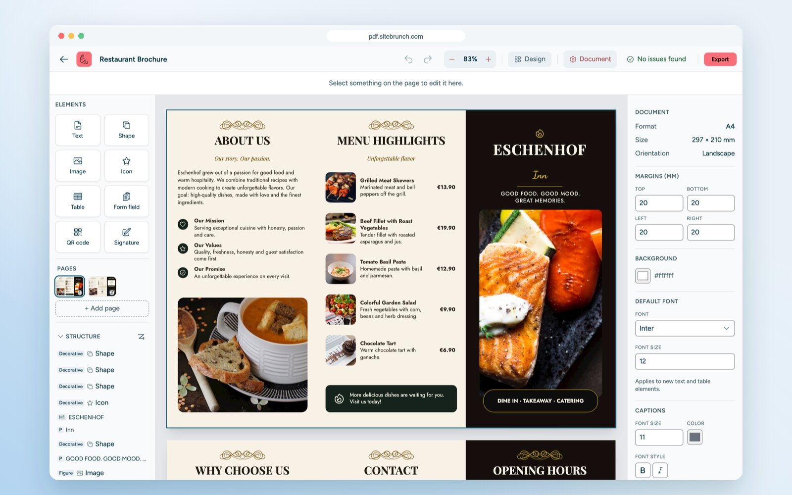 The sitebrunch PDF editor with the "Restaurant Brochure" template. Elements, pages and structure tree on the left, the brochure in the middle, document settings on the right.
