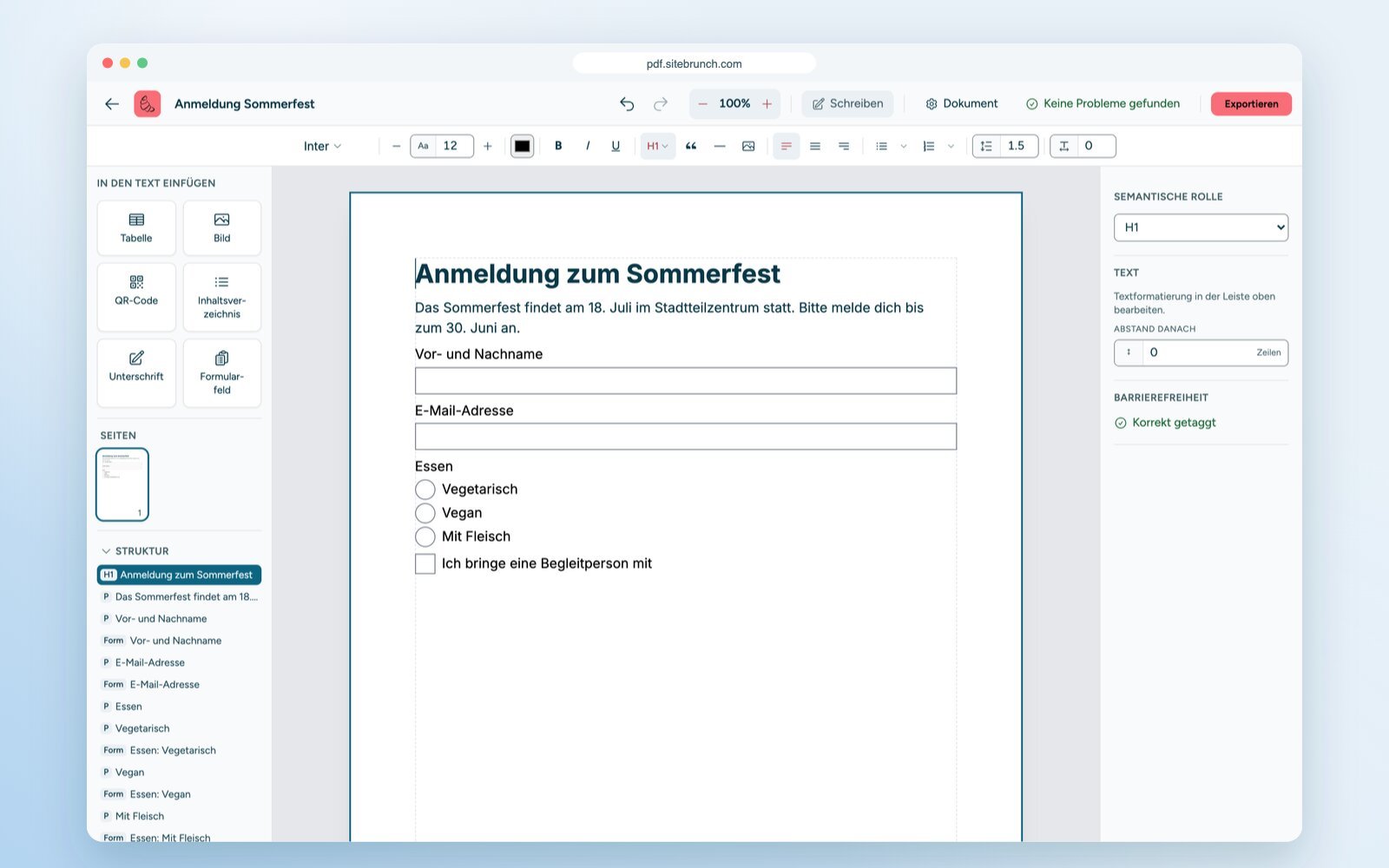 Formular „Anmeldung zum Sommerfest“ im PDF-Editor mit Textfeldern, einer Optionsgruppe und einem Kontrollkästchen. Links der Strukturbaum mit den getaggten Feldern.