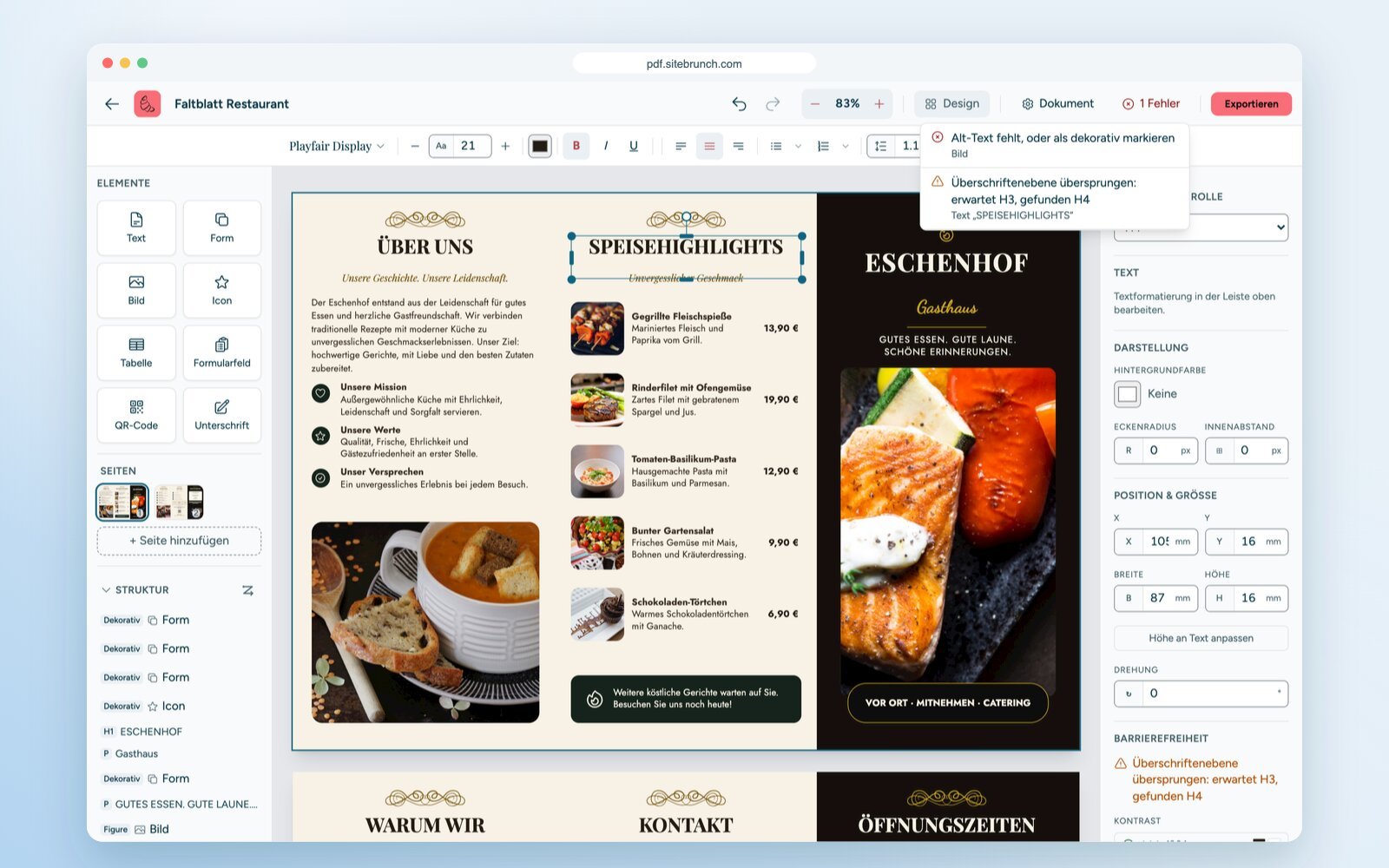 Die automatische Prüfung im PDF-Editor meldet einen fehlenden Alt-Text und eine übersprungene Überschriftenebene.