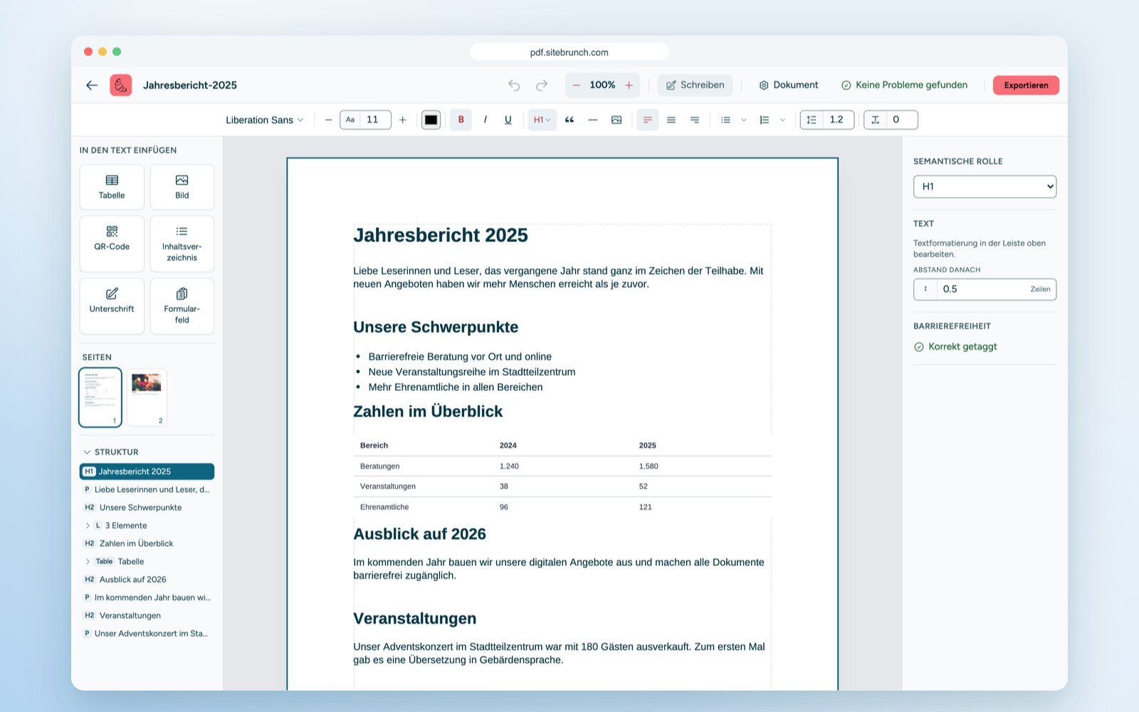 Ein aus Word importierter Jahresbericht im Schreibmodus des PDF-Editors. Links der Strukturbaum mit Überschriften, Liste und Tabelle.