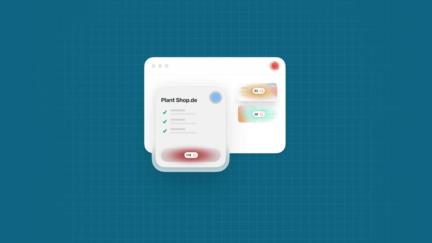 Stilisierte UI-Illustration eines Browser-Fensters mit einer Workspace-Karte für "Plant Shop.de" mit grünen Häkchen und einem roten Badge mit der Zahl 178, daneben zwei weitere Karten mit den Werten 92 und 26.